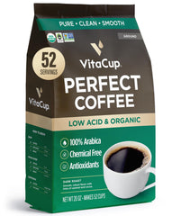 VitaCup Perfect Low Acid Ground Coffee bag highlighting organic and fair trade beans for clean brew