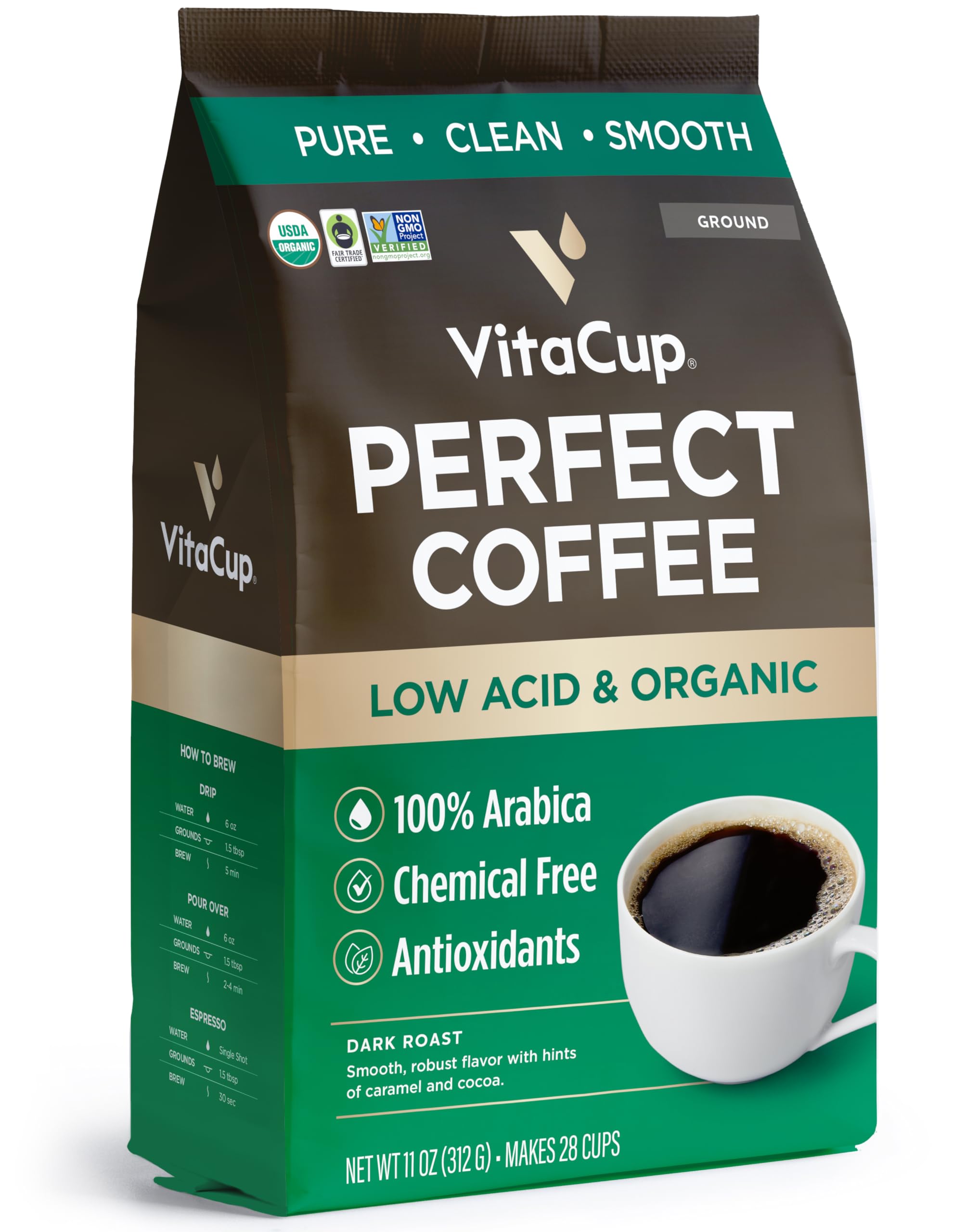VitaCup Perfect Low Acid Coffee Ground Guatemala bag close-up showing organic origin and freshness