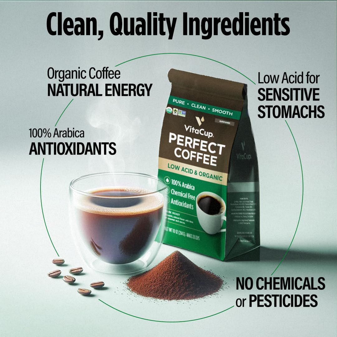 VitaCup Perfect Low Acid Ground Coffee pour suggesting easy brewing with drip, French press, or cold brew