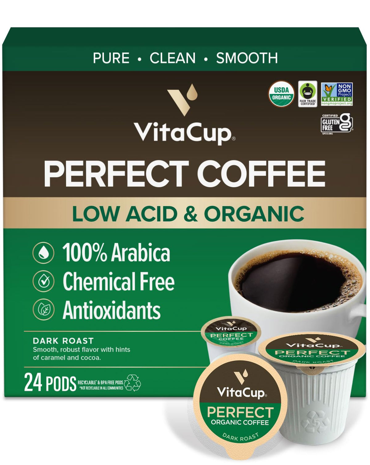 VitaCup Perfect Low Acid Pod packaging for fresh aroma at home