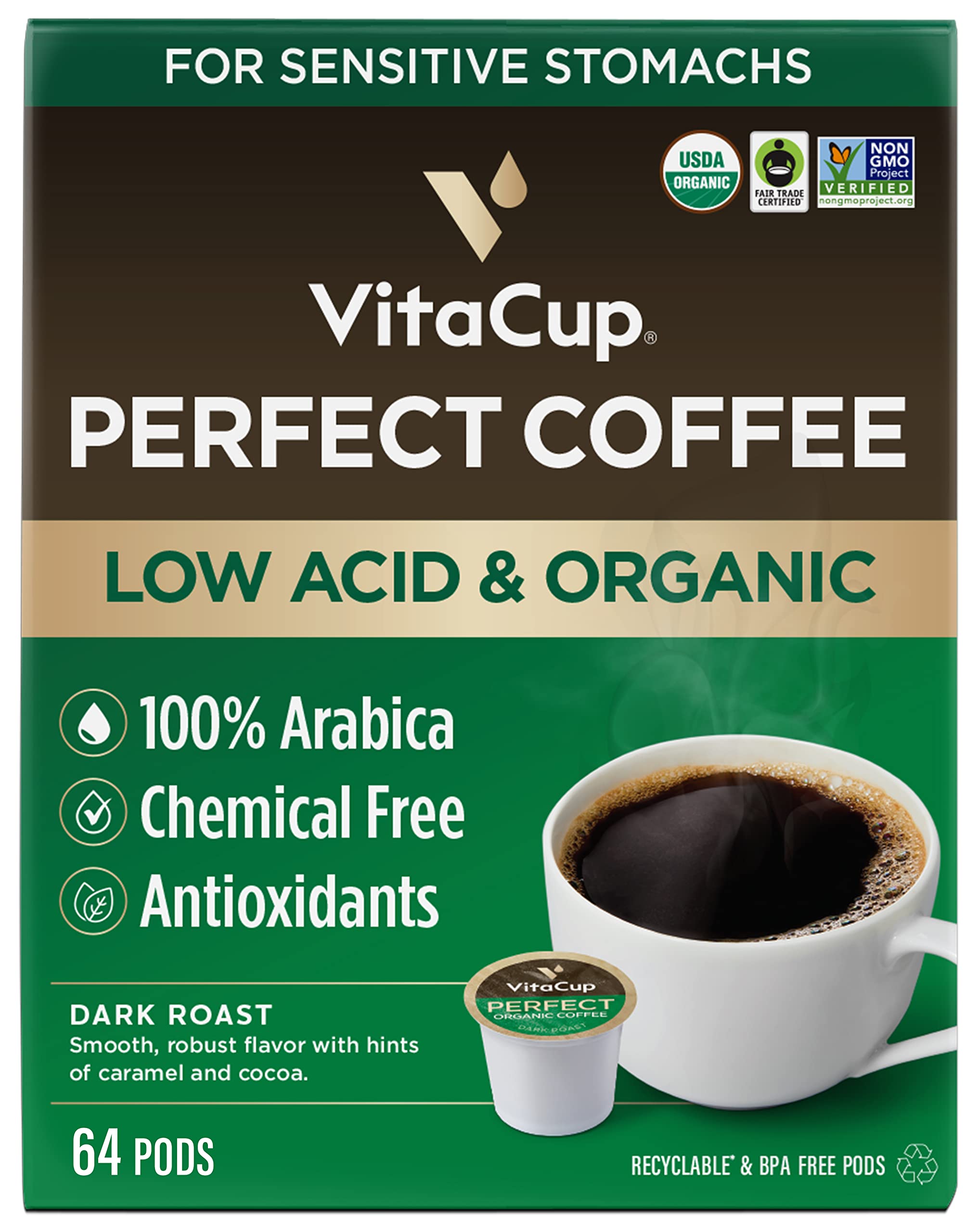 VitaCup Perfect Low Acid pods box front with packaging detail