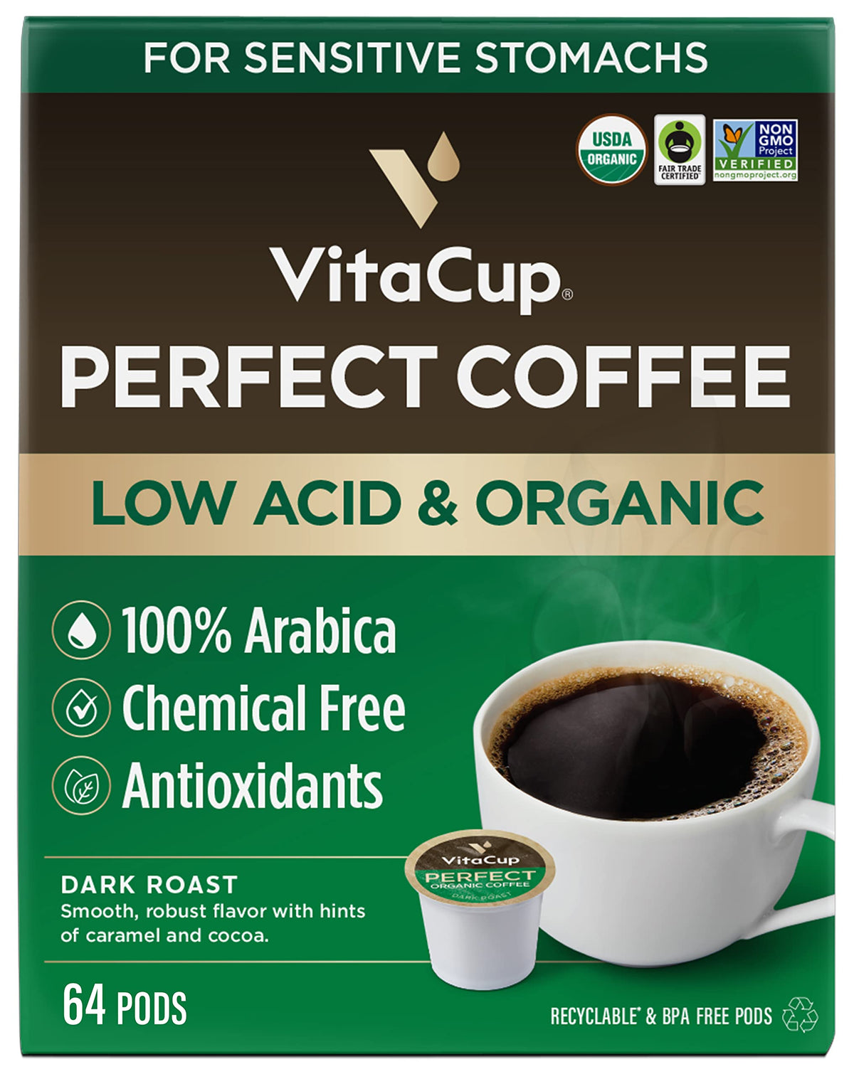 VitaCup Perfect Low Acid pods box front with packaging detail