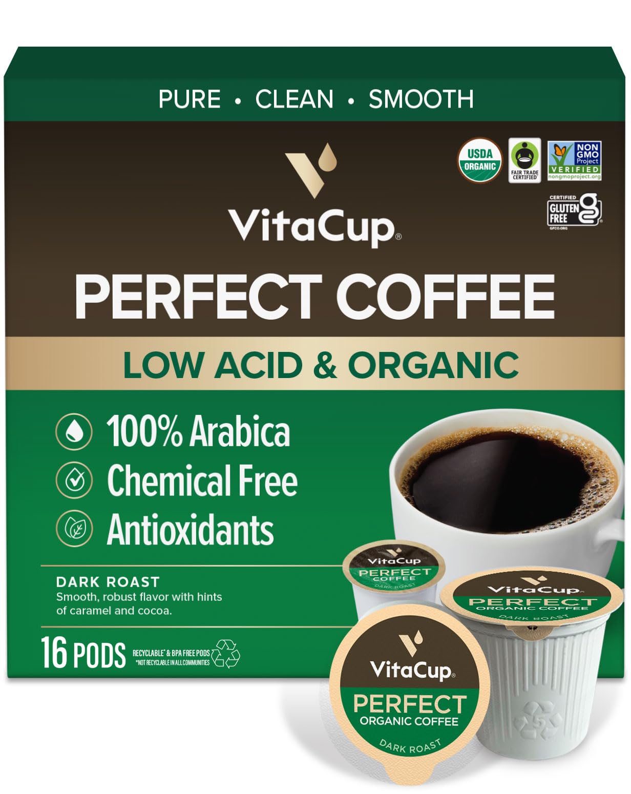 VitaCup Perfect Low Acid Pods packaging with USDA Organic and Fair Trade labels