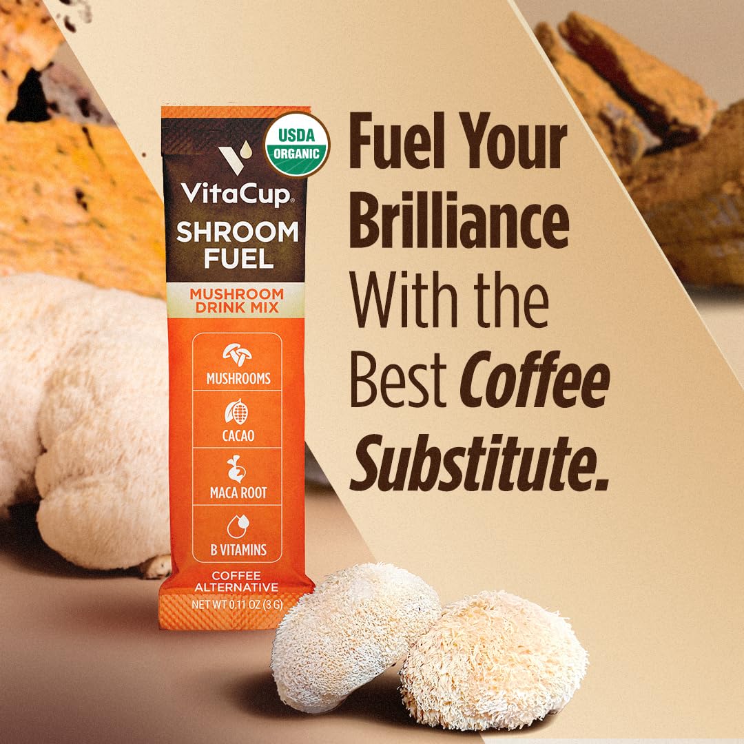 VitaCup Shroom Fuel mushrooms illustration highlighting adaptogenic blend for focus