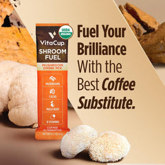 VitaCup Shroom Fuel mushrooms illustration highlighting adaptogenic blend for focus