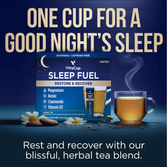 VitaCup Sleep Fuel tea packets dissolving in hot water releasing a gentle aroma.