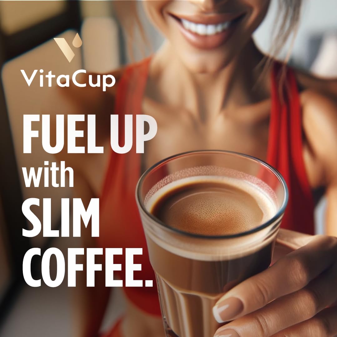 VitaCup Slim scoop beside coffee for a craving-control morning