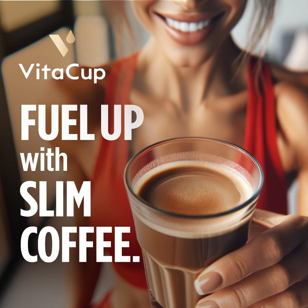 VitaCup Slim scoop beside coffee for a craving-control morning