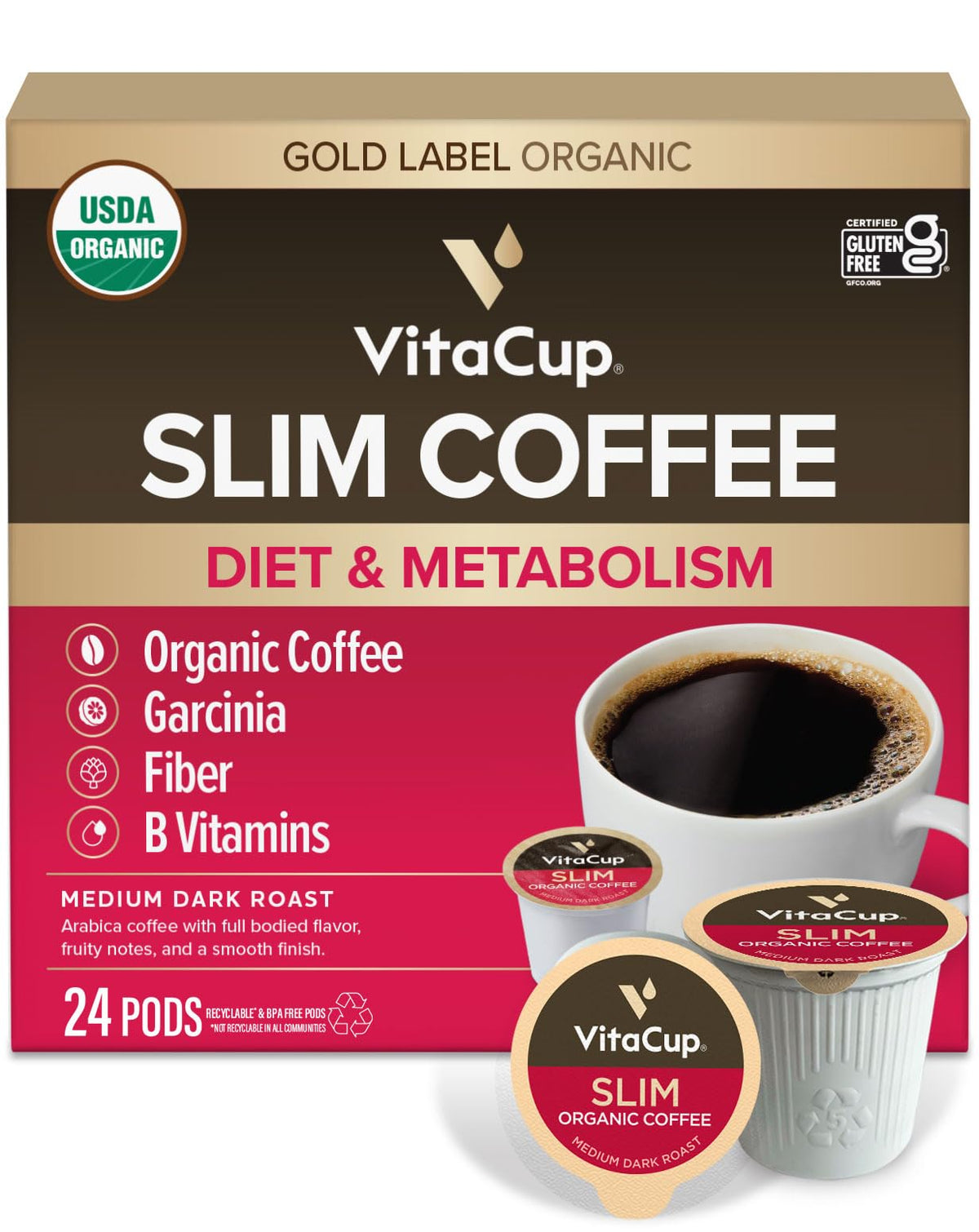 VitaCup Slim Organic Coffee Pods pack showing Keurig compatibility for easy mornings