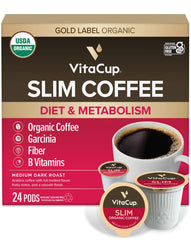 VitaCup Slim Organic Coffee Pods pack showing Keurig compatibility for easy mornings