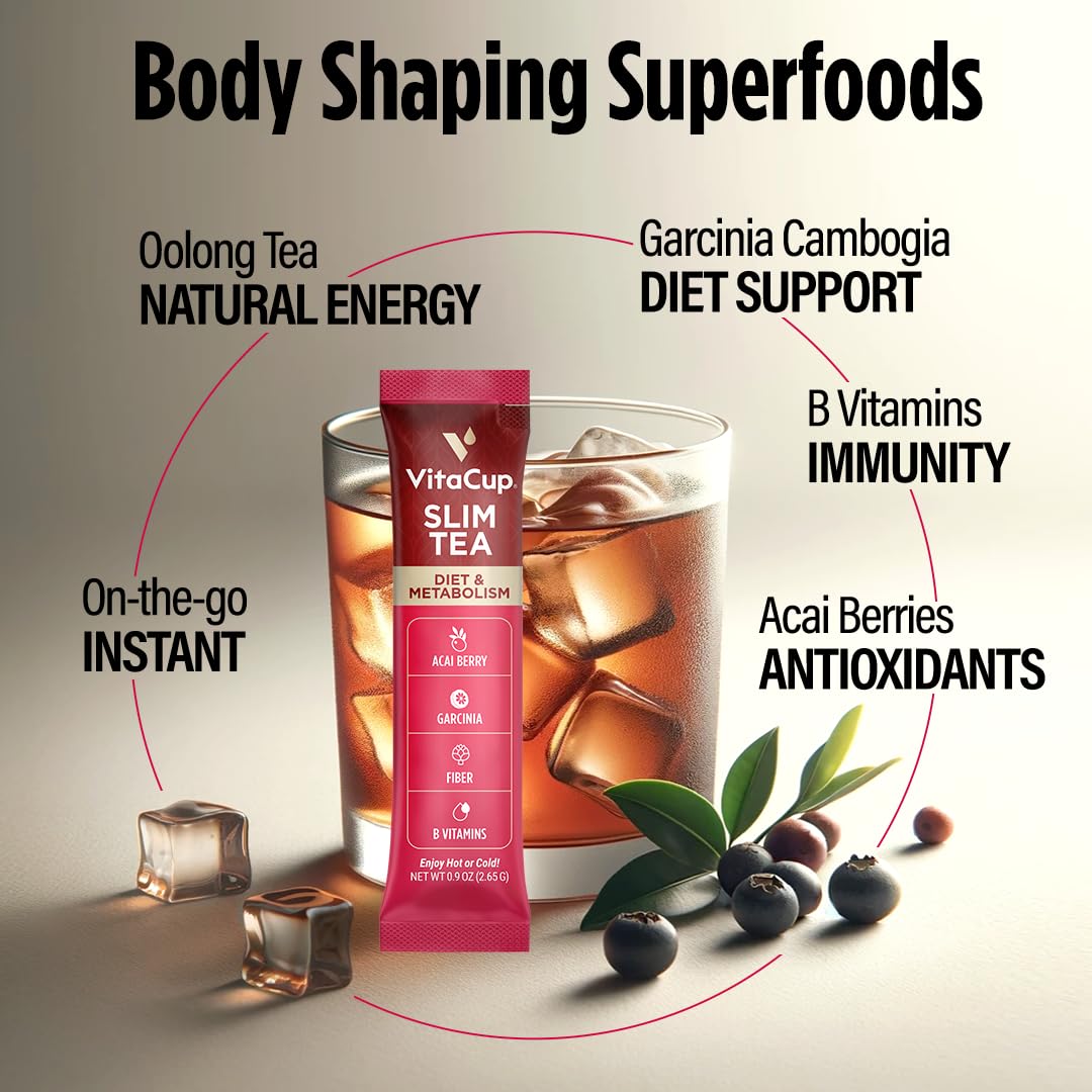 VitaCup Slim tea stick beside gym bag for on-the-go diet support.