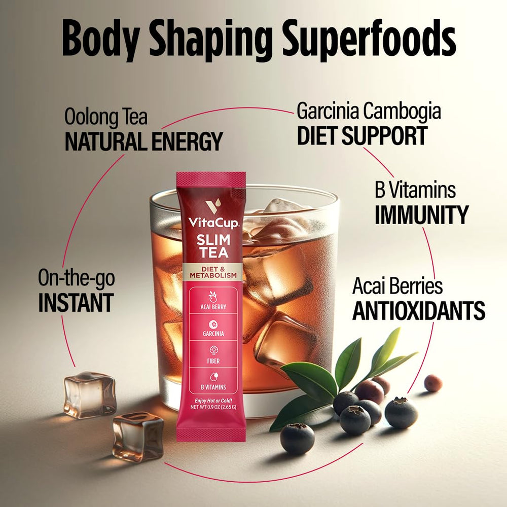 VitaCup Slim tea stick beside gym bag for on-the-go diet support.