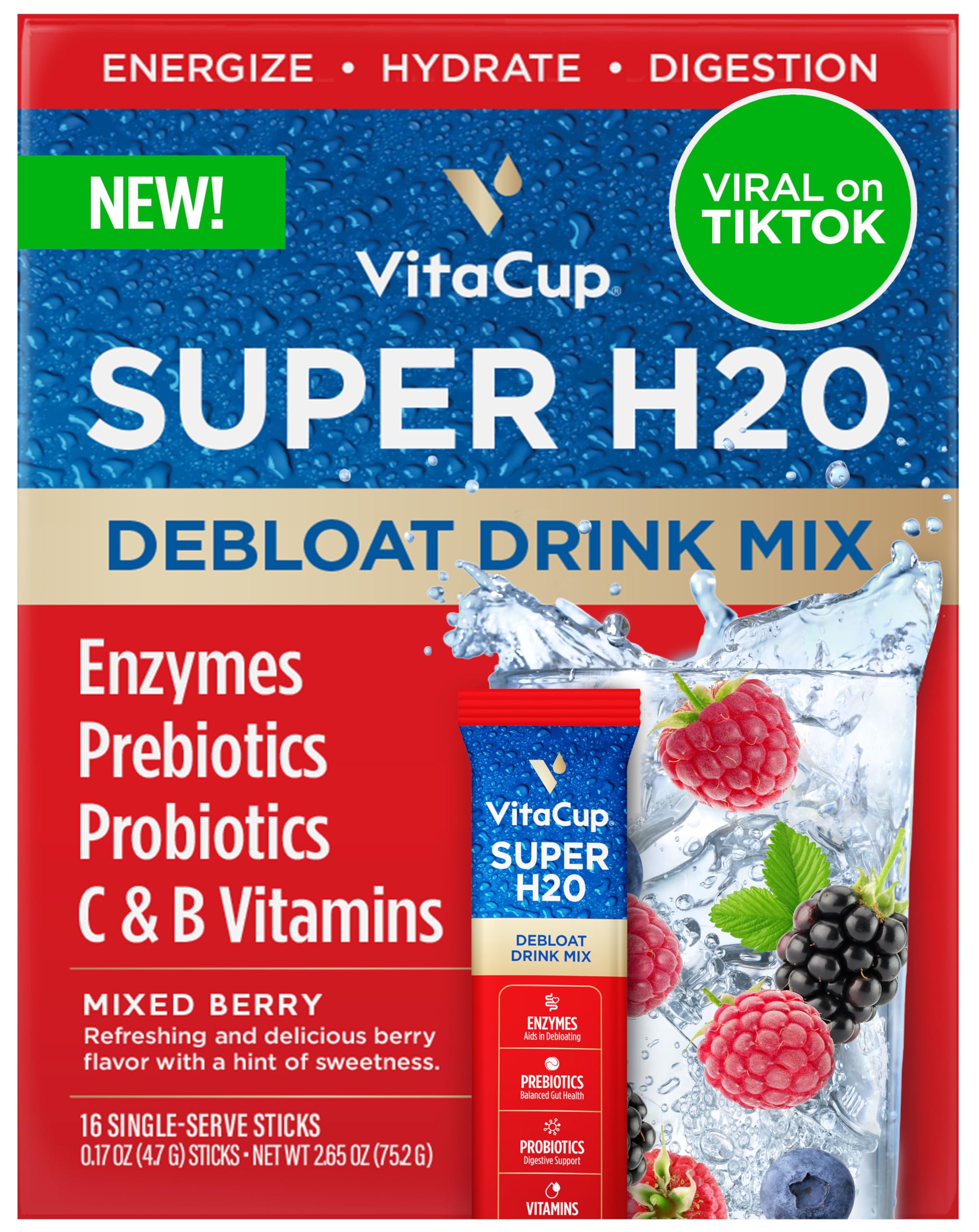 VitaCup Super H2O bloating relief packets shown for quick, portable digestive support