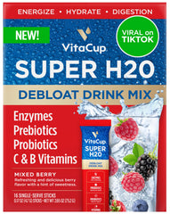VitaCup Super H2O bloating relief packets shown for quick, portable digestive support