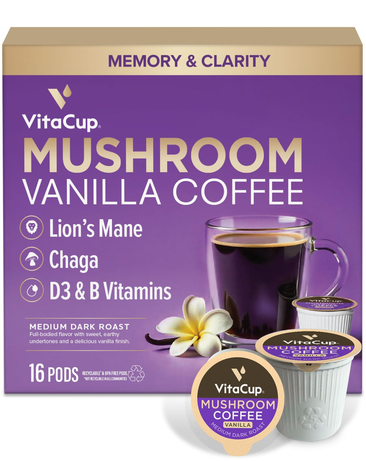 VitaCup vanilla flavor mushroom coffee pod for a smooth morning ritual