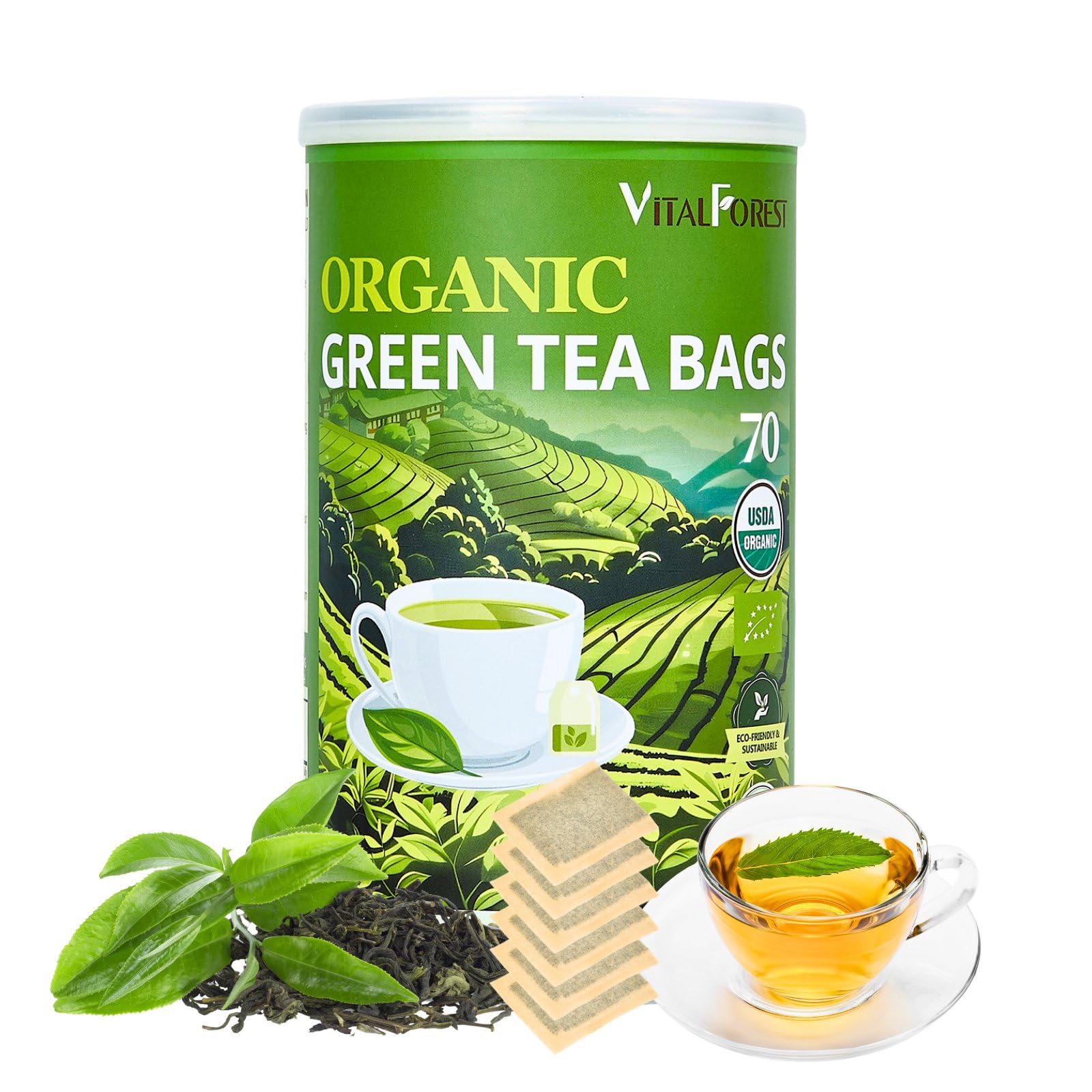 VitalForest organic green tea bags canister preserves freshness in recyclable packaging.