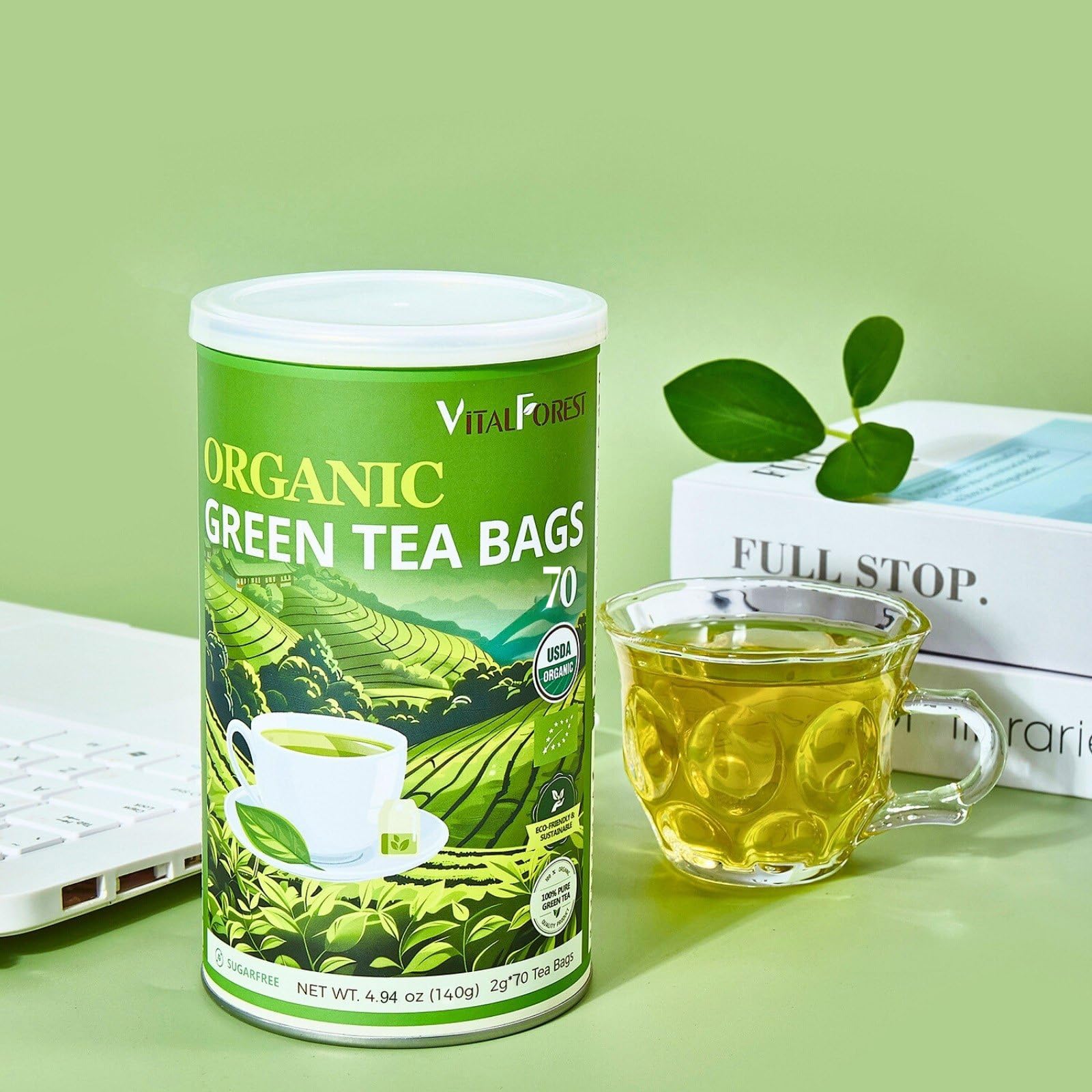 VitalForest satisfaction pledge sign beside tea cup signals trusted customer care.