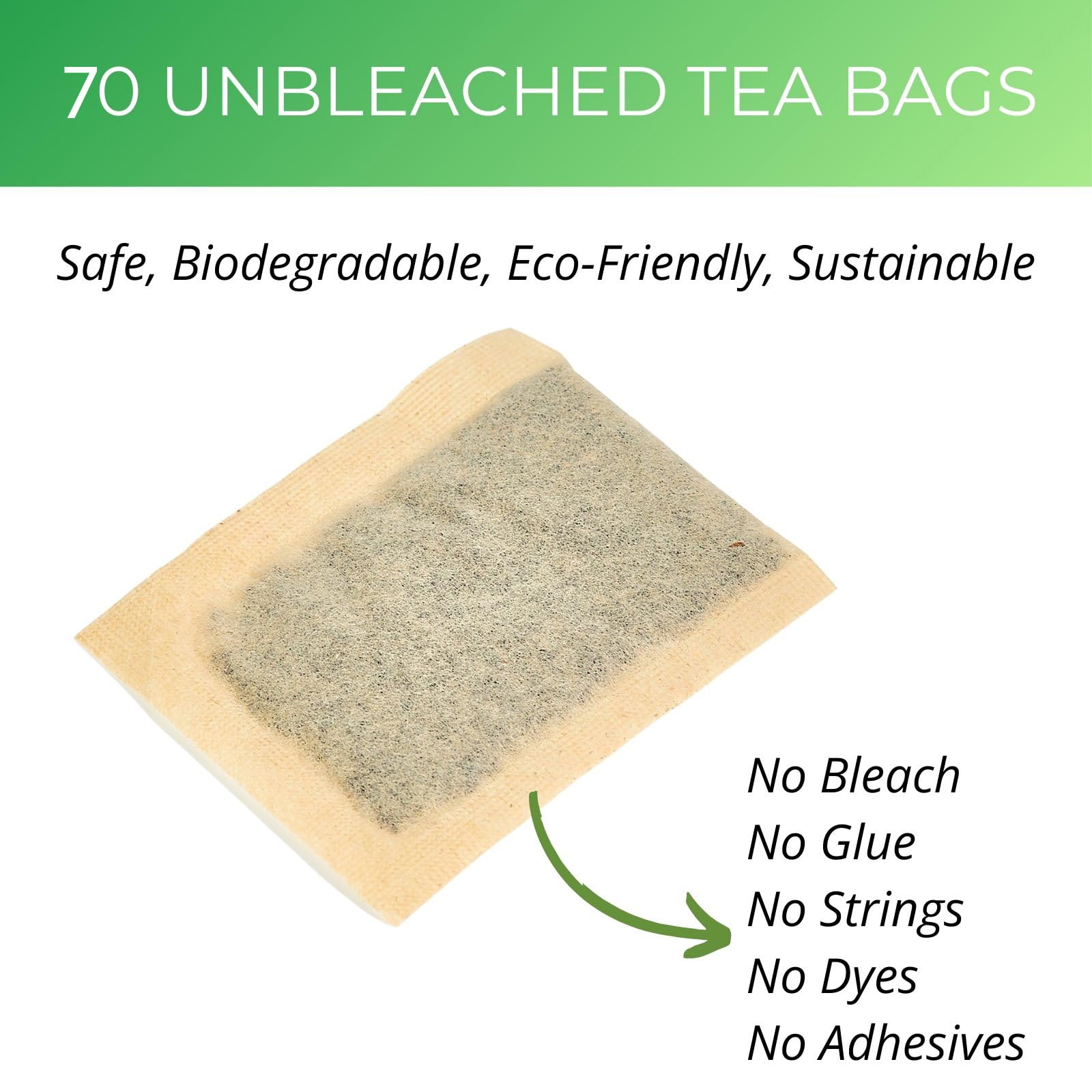VitalForest unbleached tea bags close-up shows natural, dye-free materials for pure brewing.
