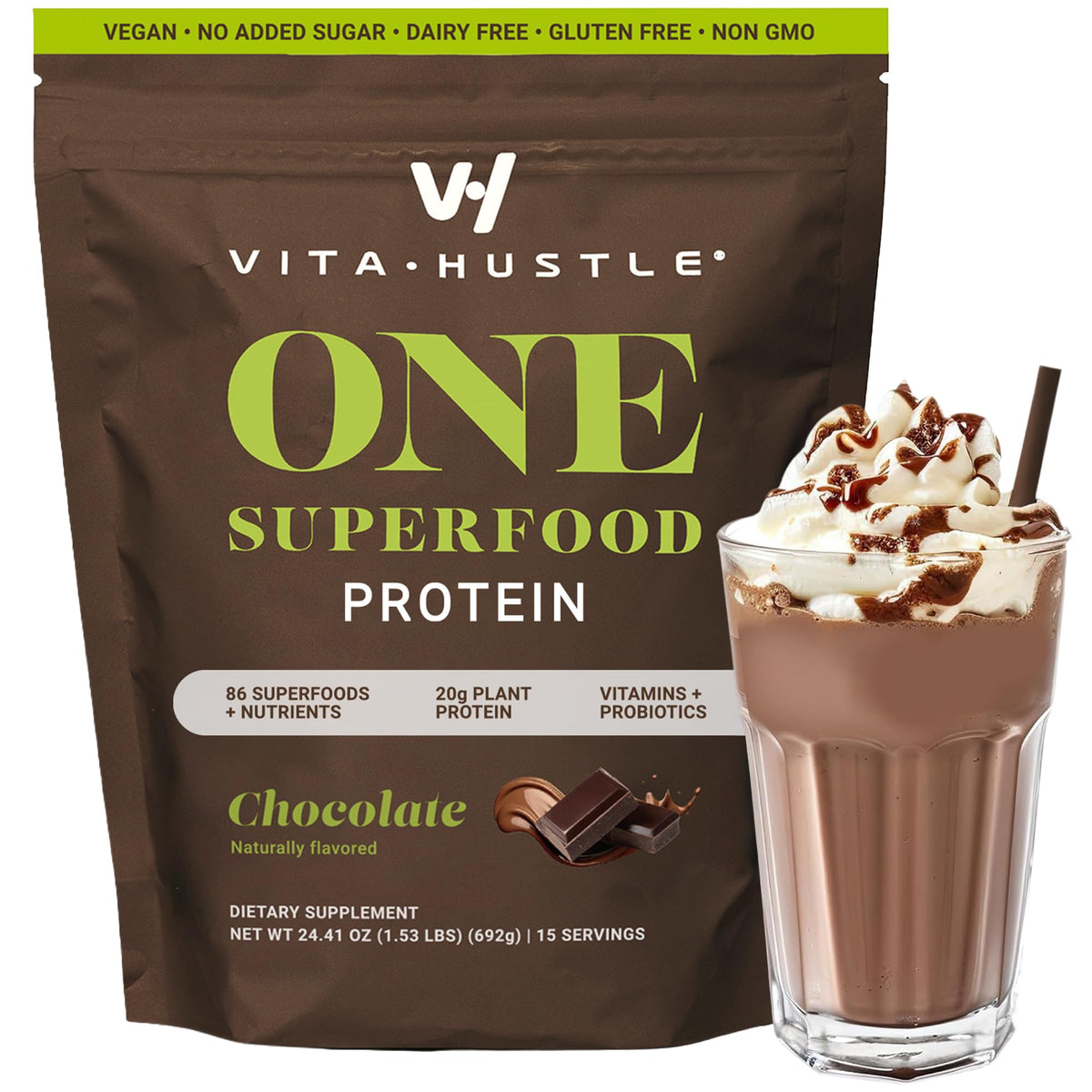 VitaHustle all-in-one chocolate shake bottle showing convenient vegan meal replacement