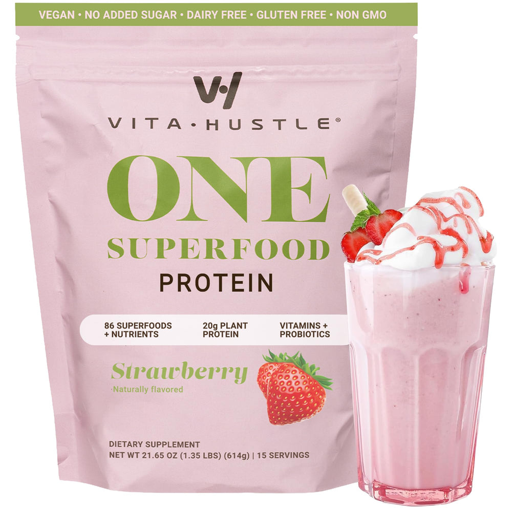 VitaHustle All-in-One Shake strawberry bottle closeup; protein-packed vegan meal replacement.