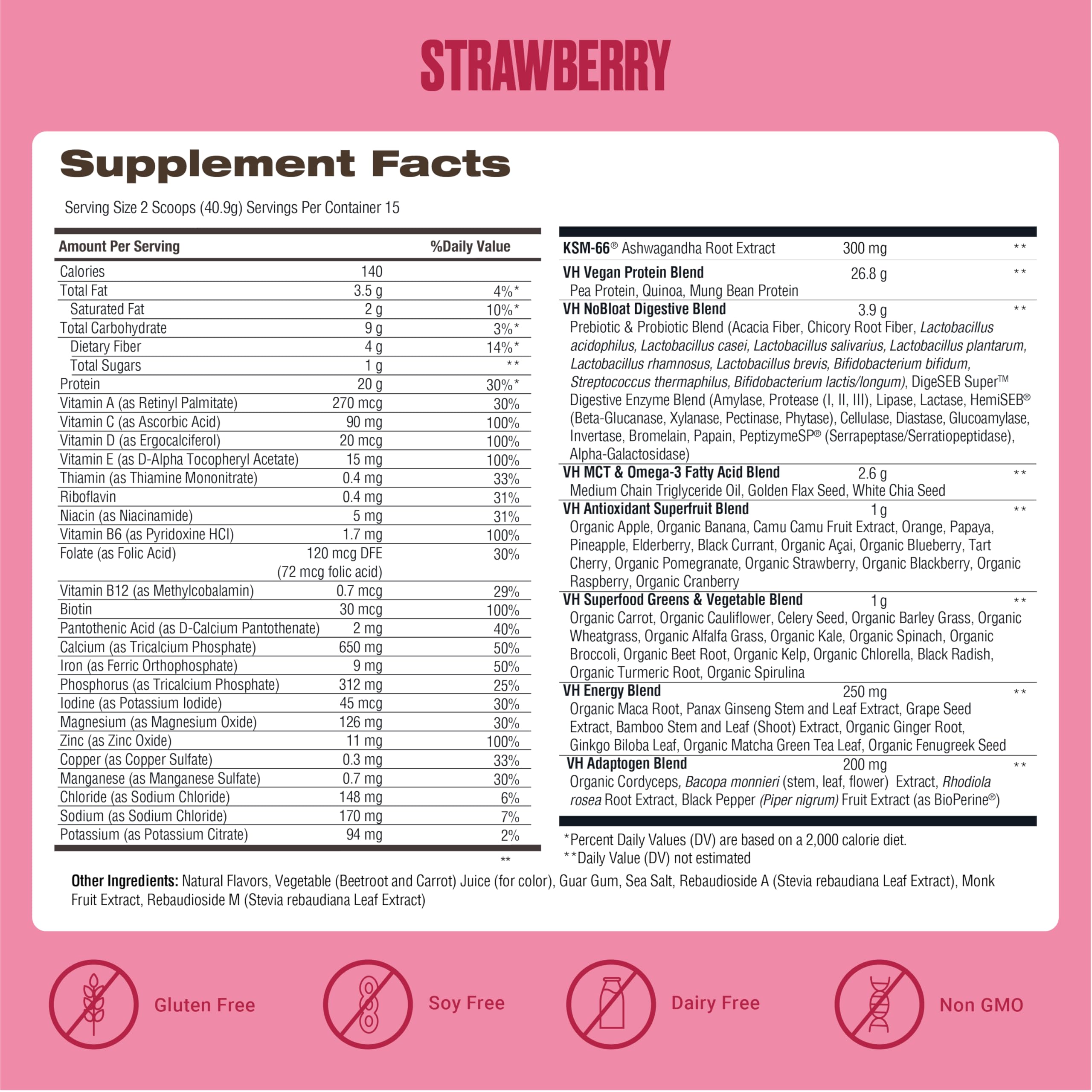 VitaHustle All-in-One Shake strawberry powder bag; plant-based protein with 86+ superfoods in a single scoop.