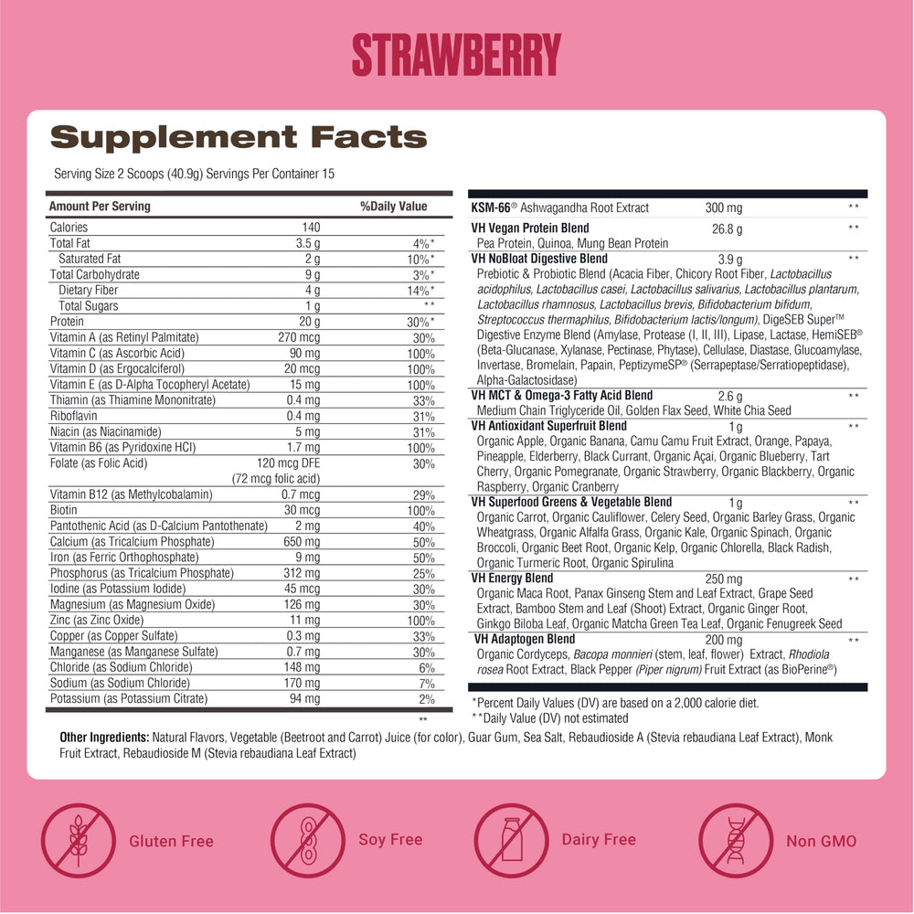 VitaHustle All-in-One Shake strawberry powder bag; plant-based protein with 86+ superfoods in a single scoop.