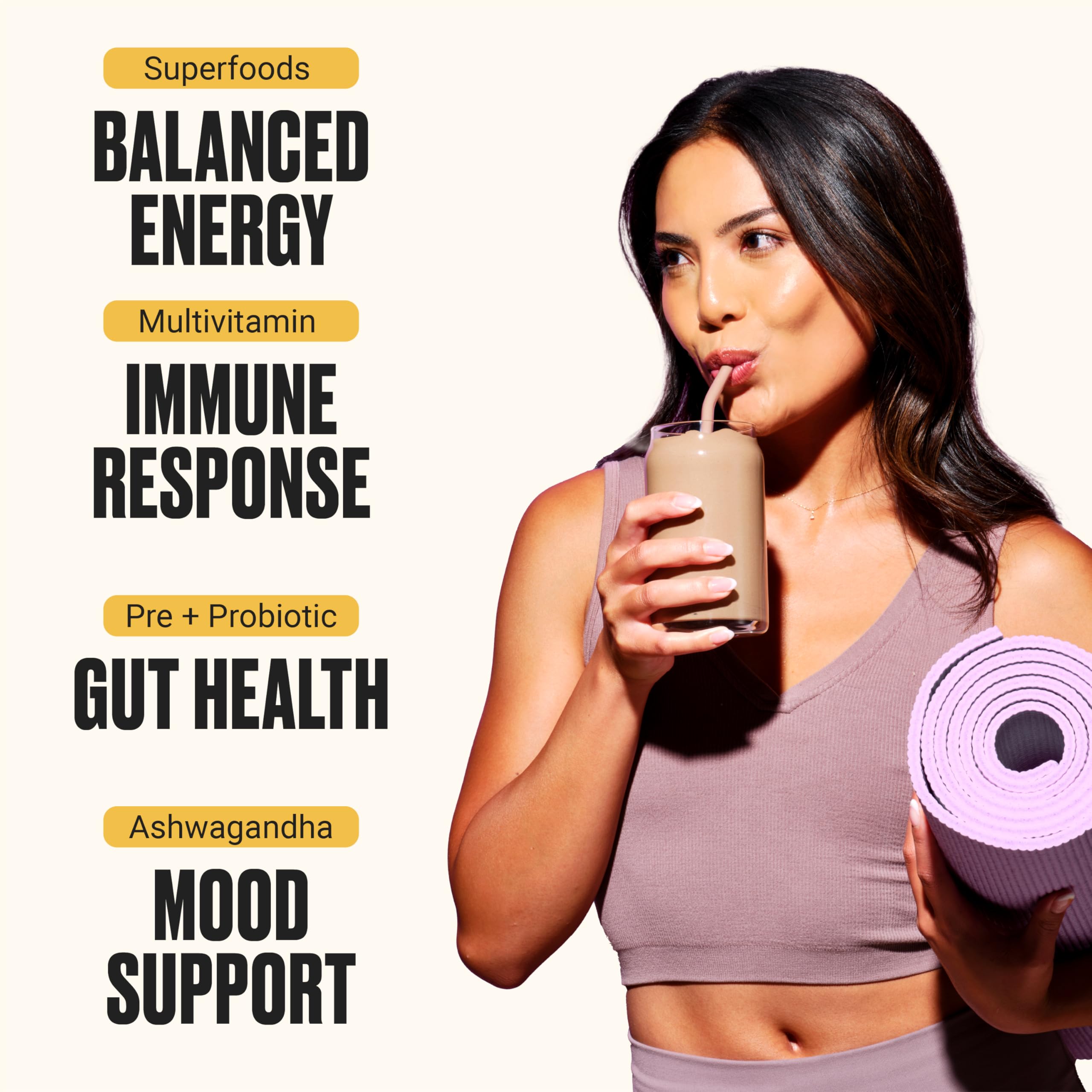 VitaHustle ingredients panel highlights 86+ superfoods and plant-based protein.