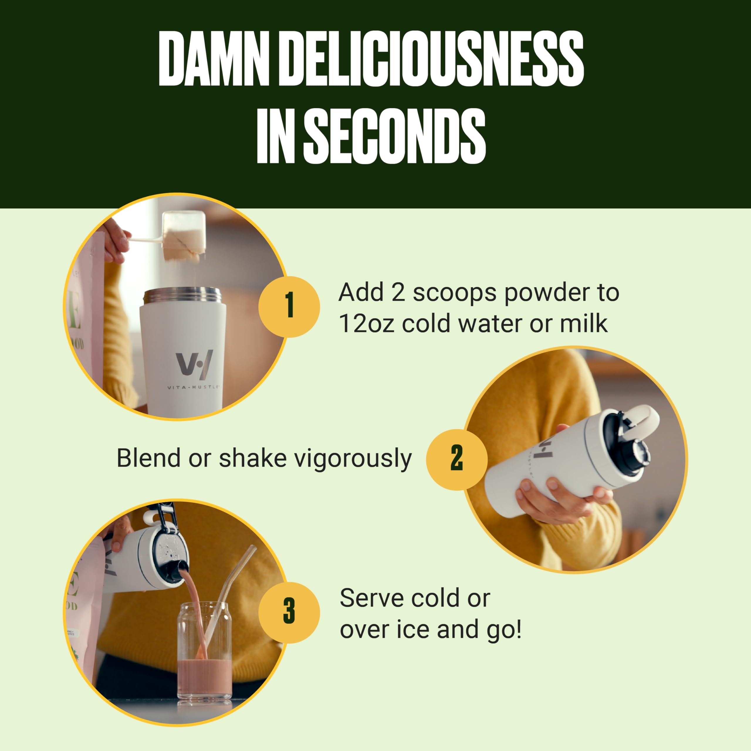 VitaHustle nutrient-dense shake with a colorful mix of fruits and vegetables