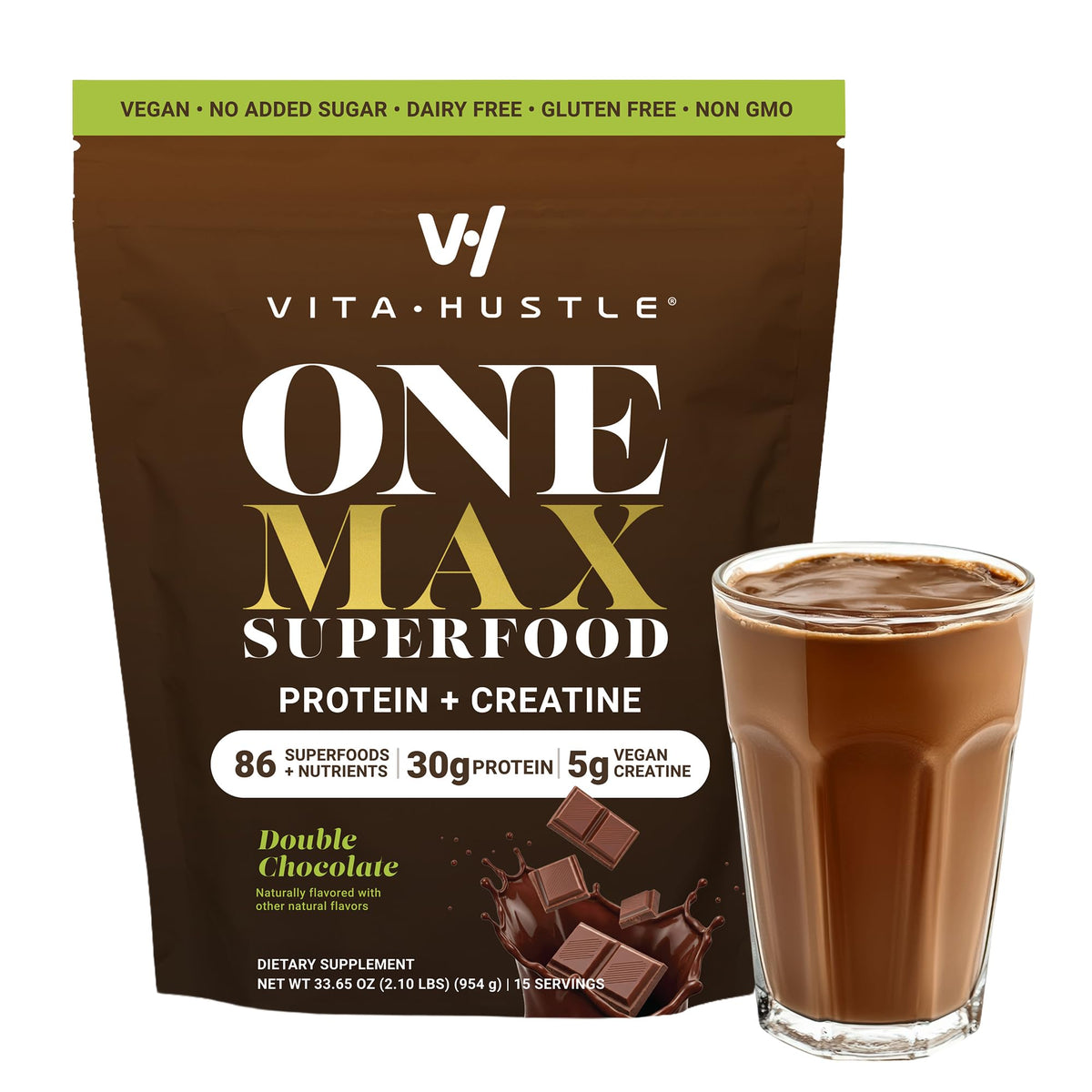 VitaHustle ONE MAX double chocolate bottle shows creamy shake for post-workout recovery
