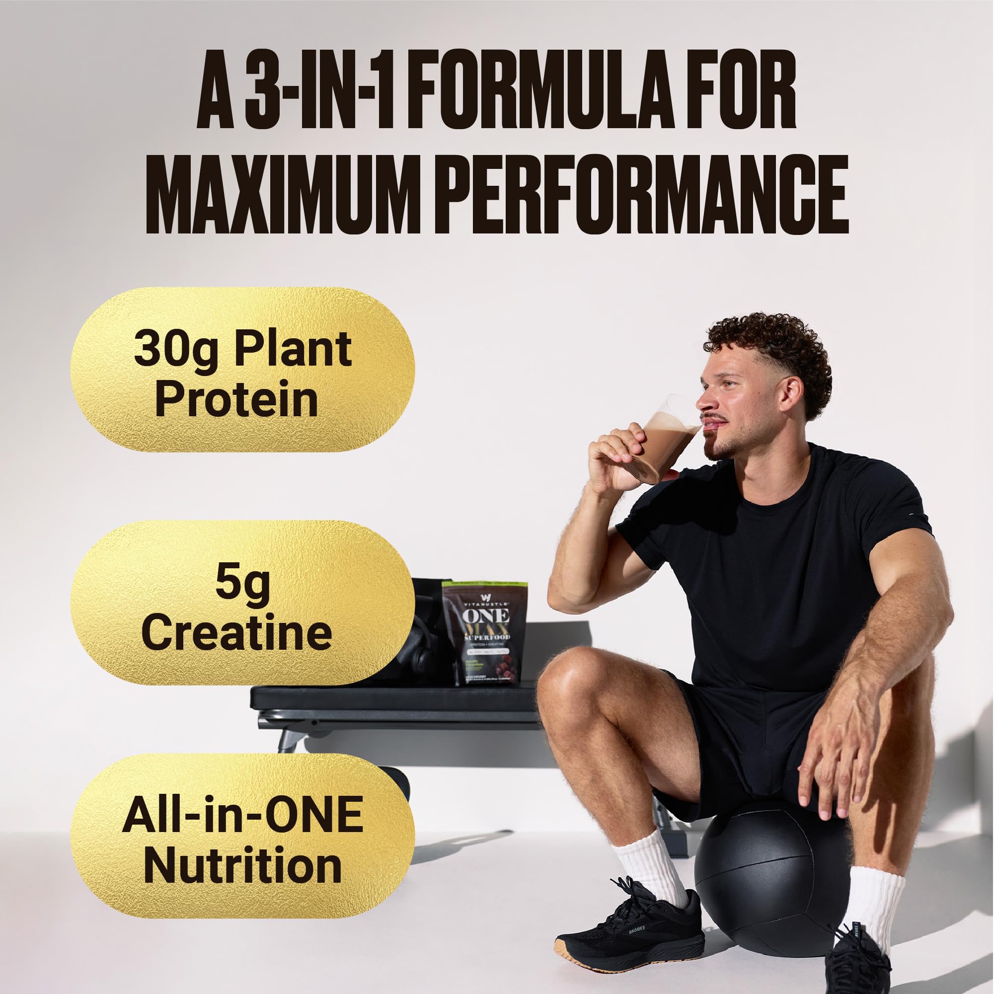 VitaHustle ONE MAX scoop beside powder for quick daily protein and creatine