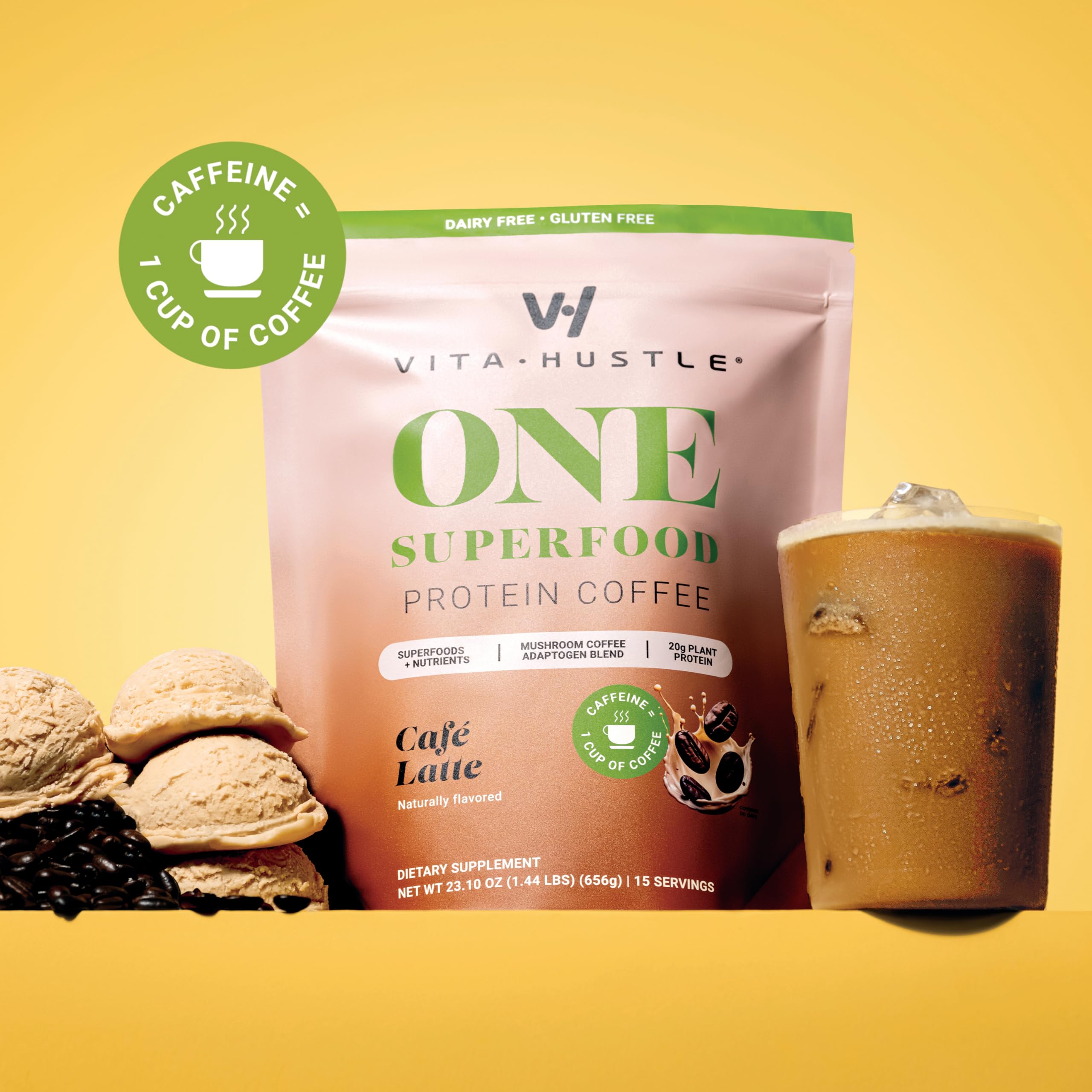 VitaHustle ONE ingredients panel highlighting greens and superfoods