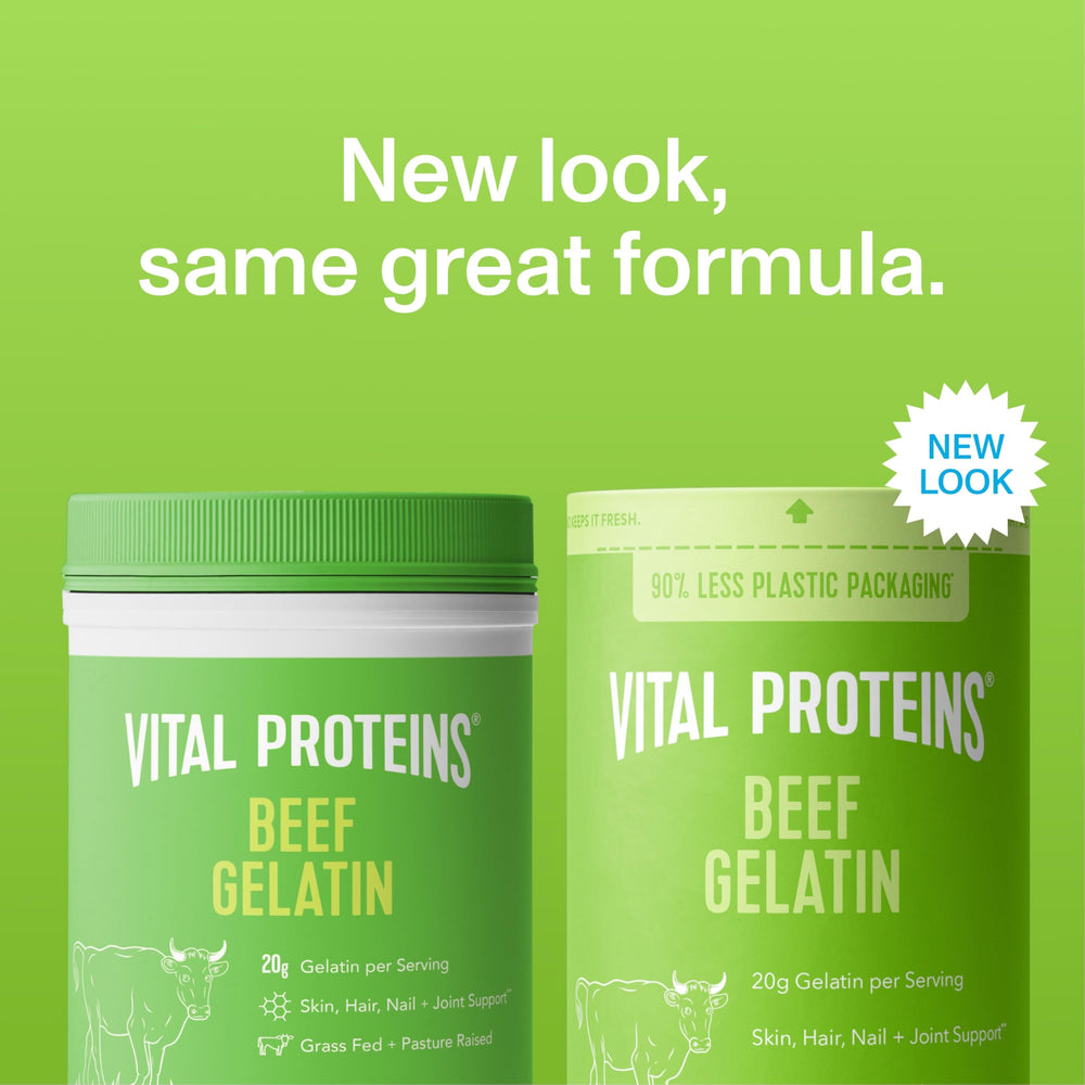 Vital Proteins Beef Gelatin Powder scoop beside jar for precise measuring in cooking