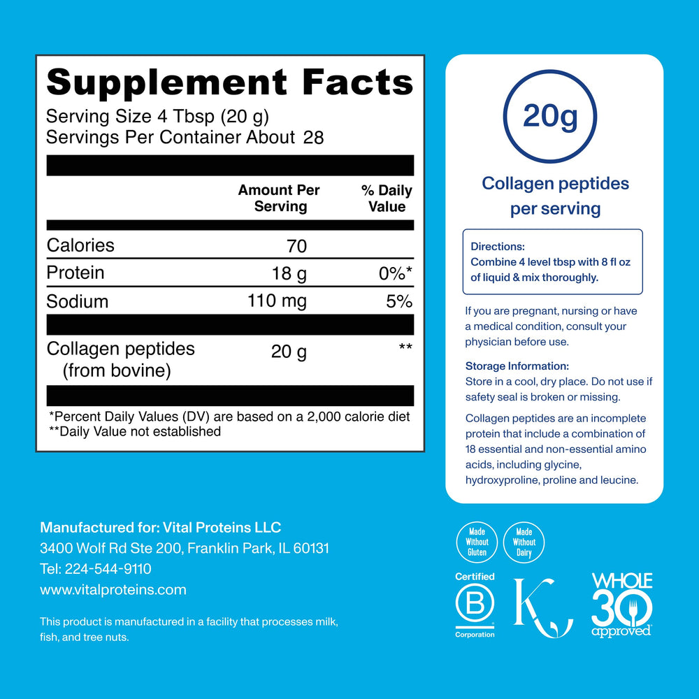 Vital Proteins collagen peptides added to tea or smoothies for everyday use.