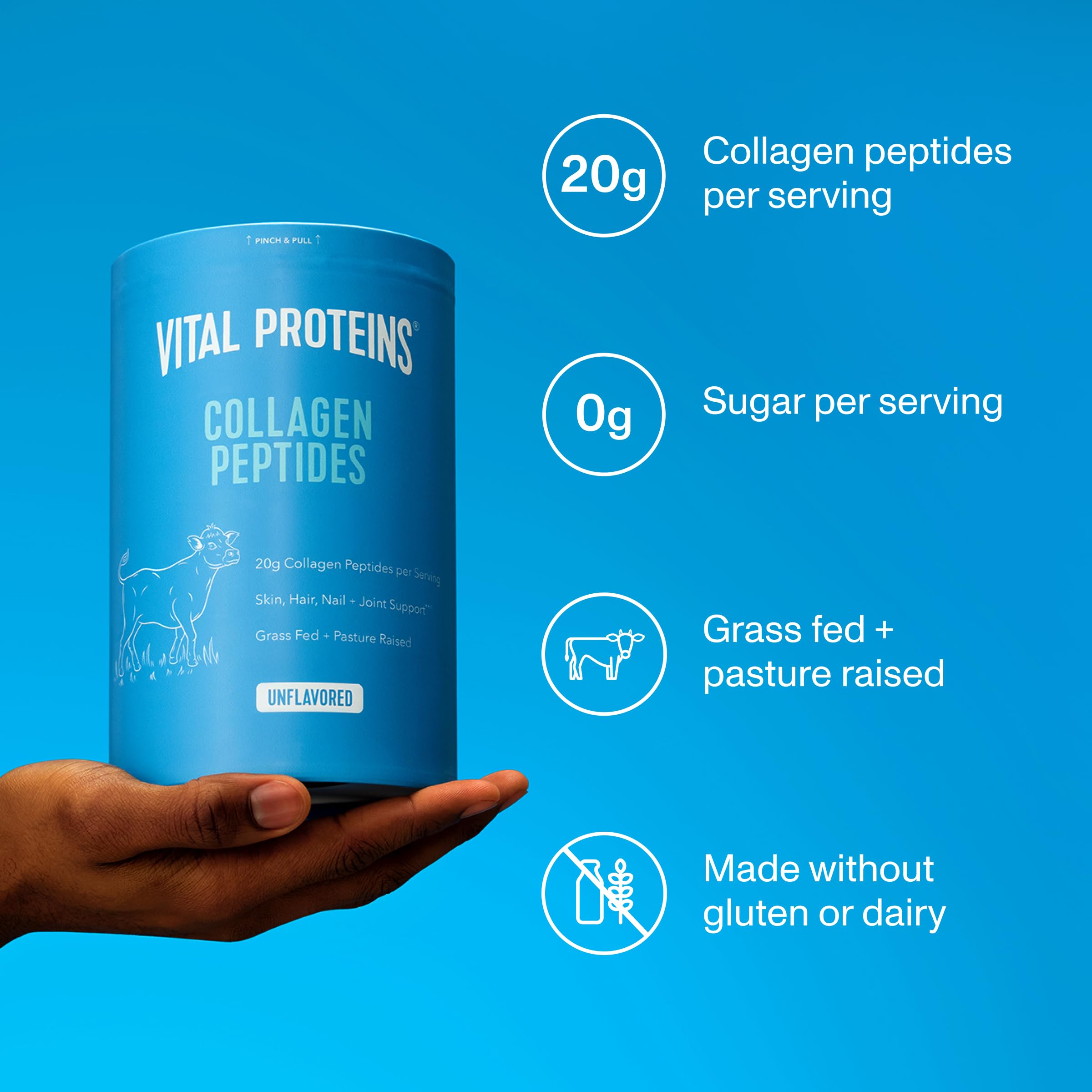 Close-up of Vital Proteins collagen peptides jar showing powder that dissolves easily in drinks.