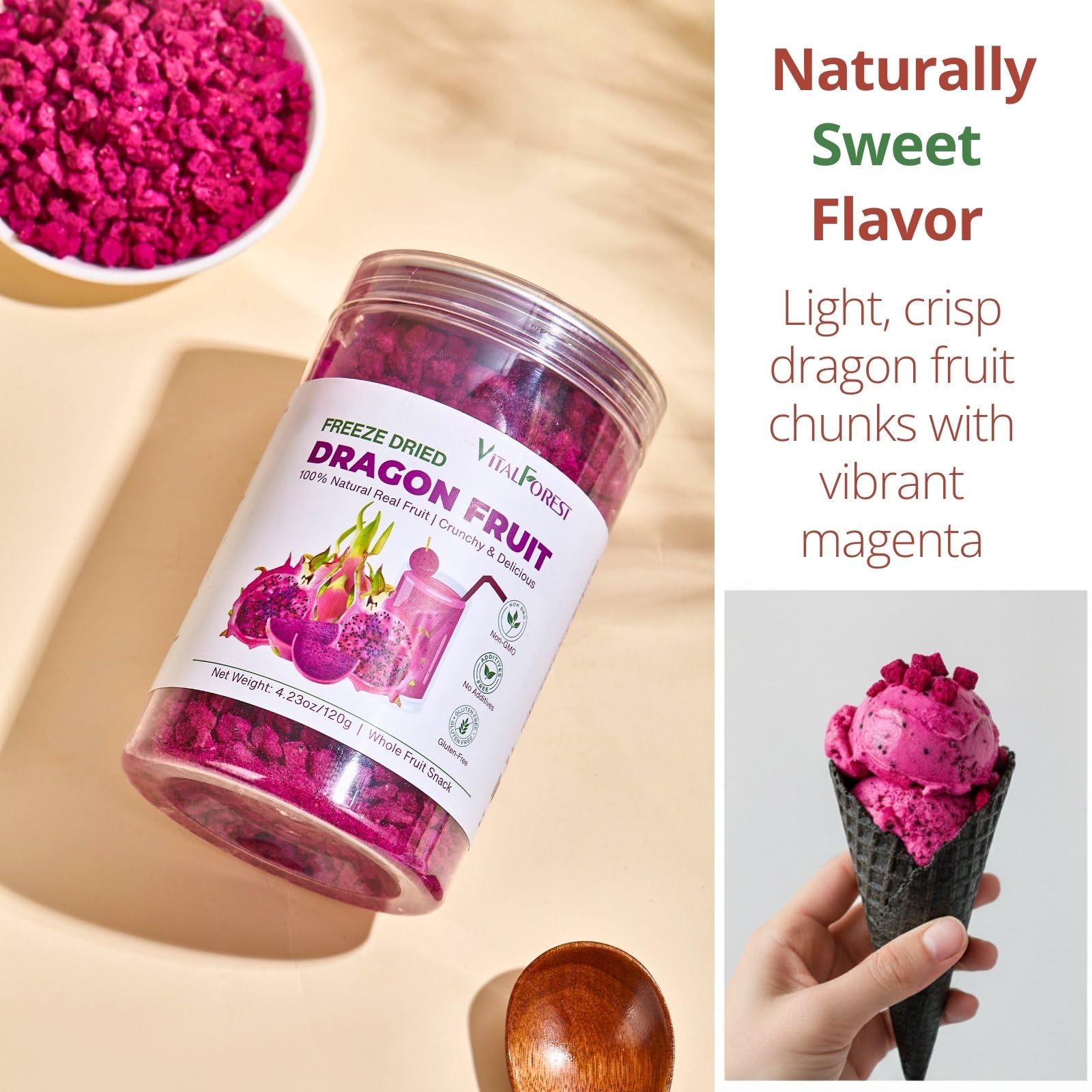 VitalForest pink dragon fruit topper elevates drinks with tropical flavor.