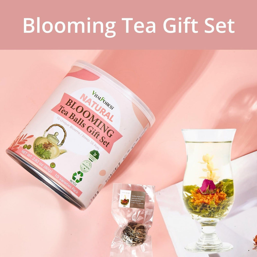 VitalForest green tea blossoms open to reveal delicate edible petals.