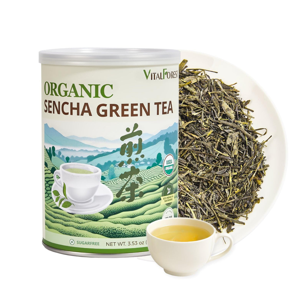 VitalForest Sencha leaves close-up; fresh aroma for a calm morning