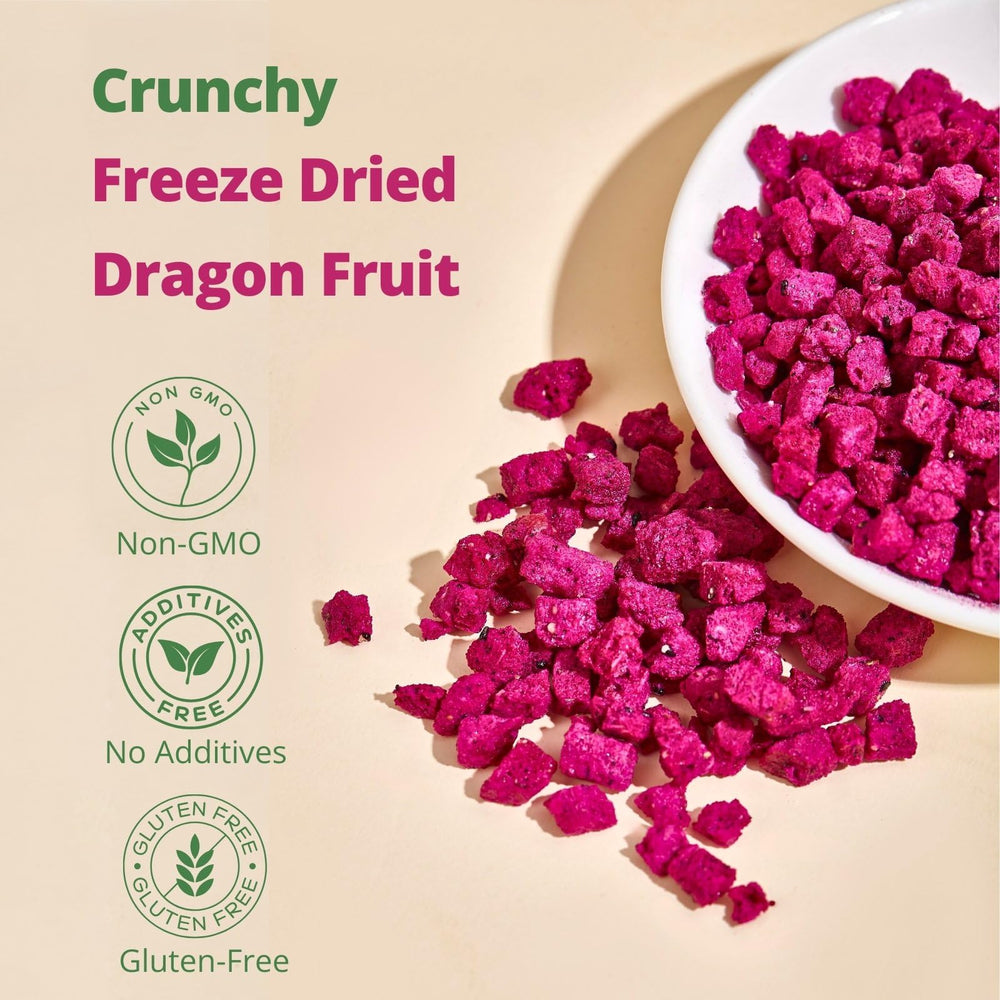 VitalForest dragon fruit crisps enhance smoothie bowls with light crunch.