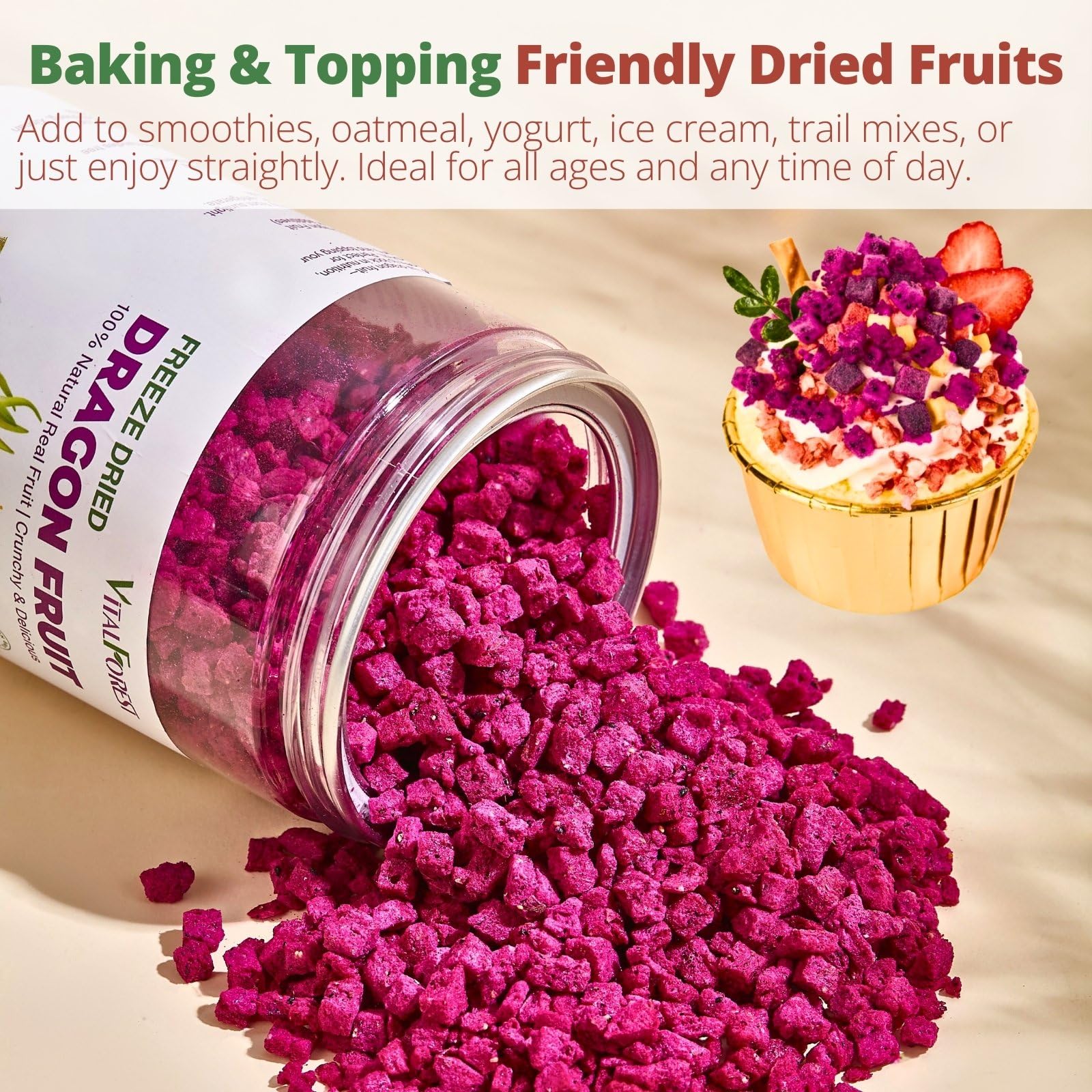VitalForest dragon fruit crisps over yogurt and granola for texture.