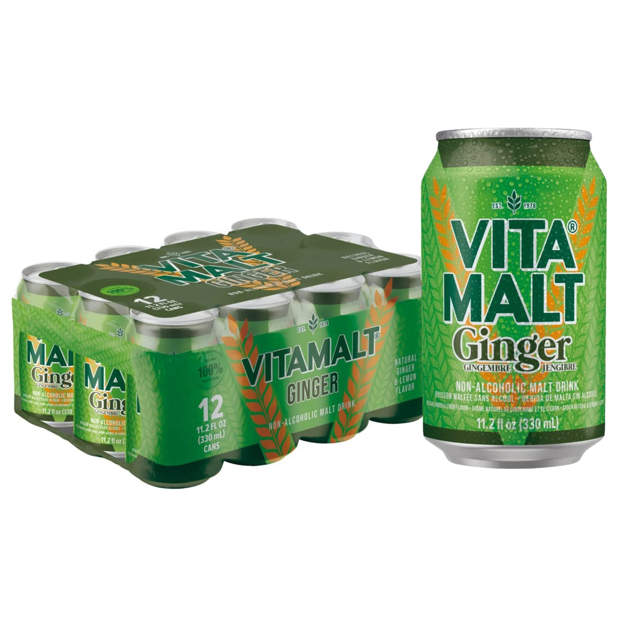Vitamalt Ginger can front view for a refreshing non alcoholic malt drink any time.