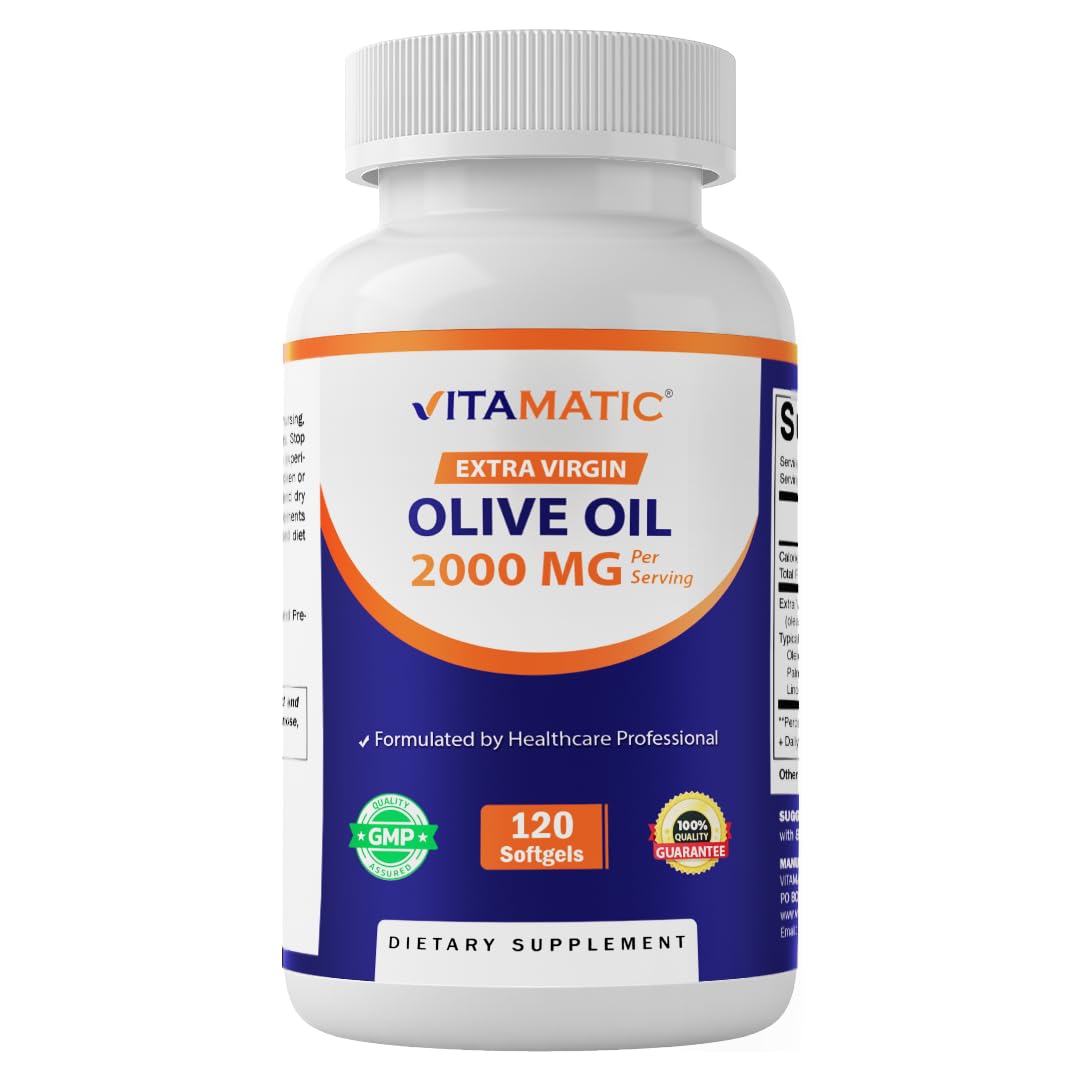 Vitamatic olive oil softgels bottle for easy daily heart-healthy intake.