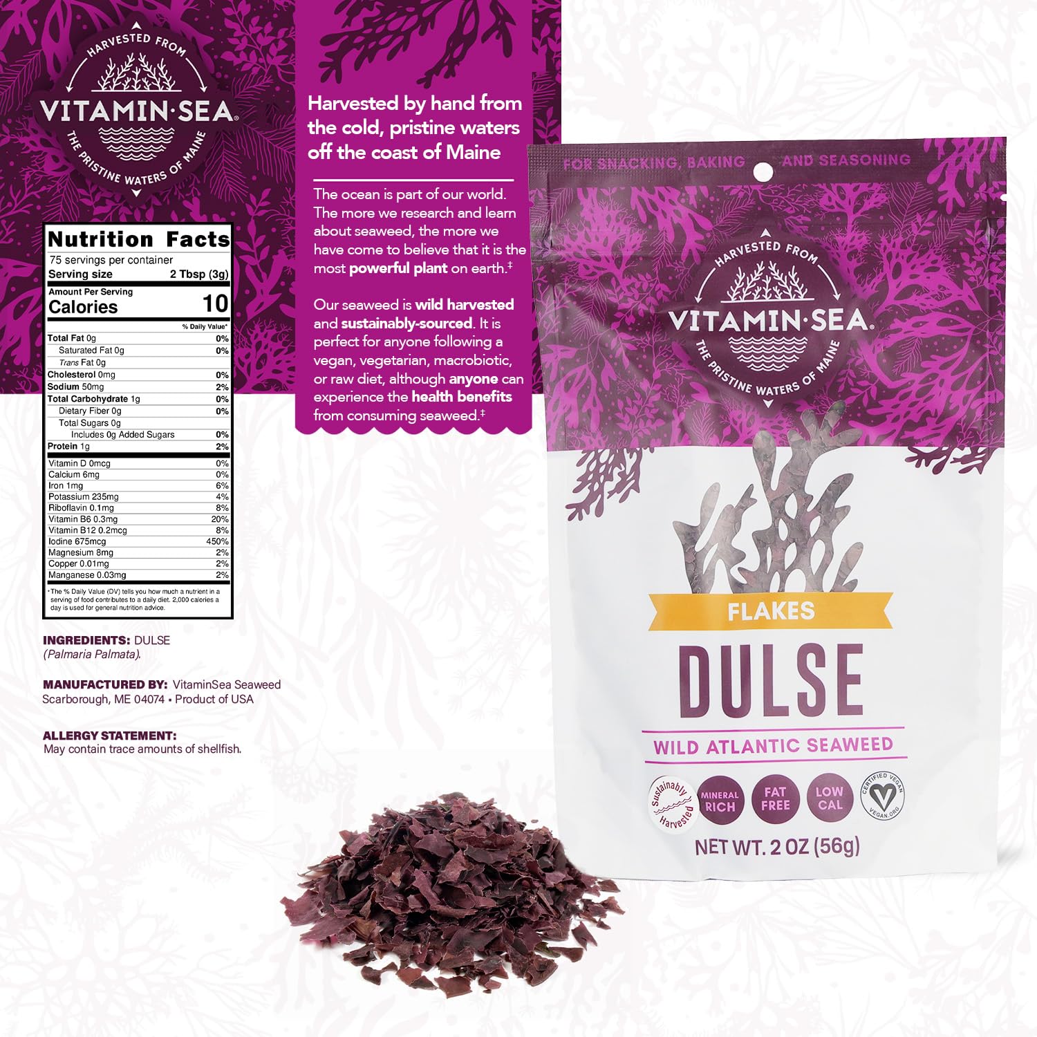 VITAMINSEA Dulse whole leaf shows versatile seaweed for snacks and meals.