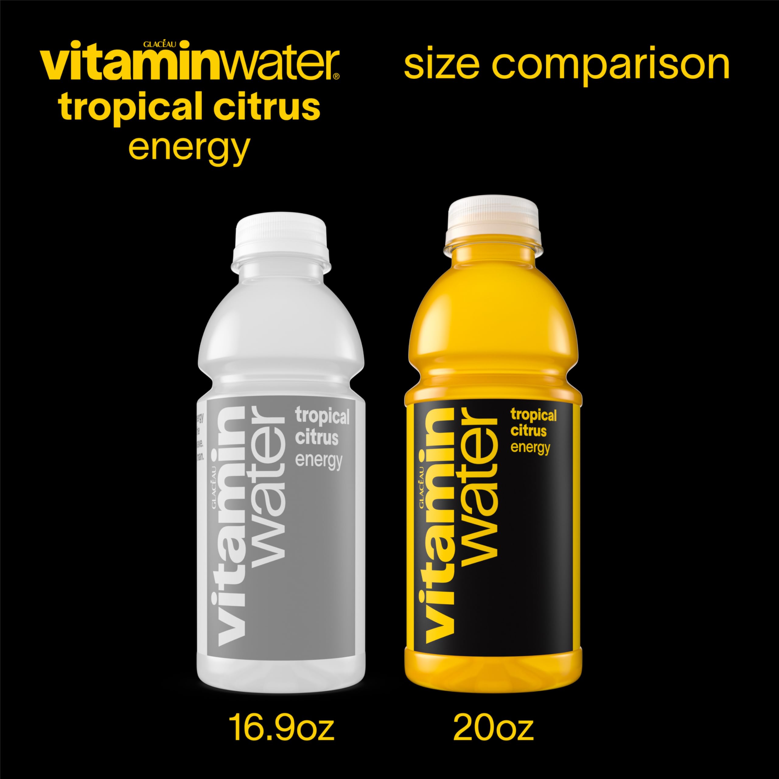 Glass with ice and Vitaminwater Energy Tropical Citrus offering tropical refreshment