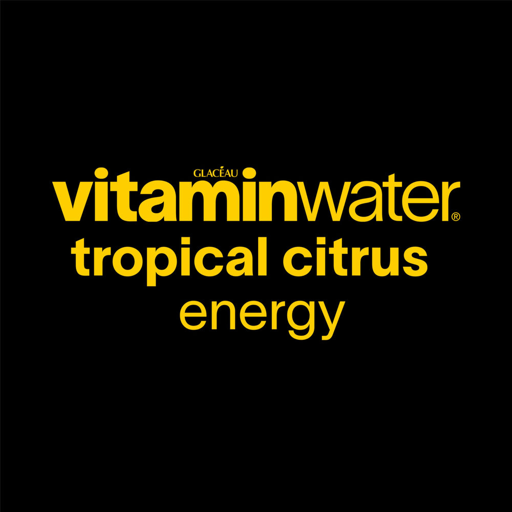 Close-up of Vitaminwater Energy Tropical Citrus label showing vitamins and caffeine