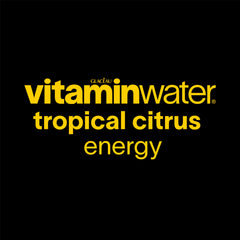 Close-up of Vitaminwater Energy Tropical Citrus label showing vitamins and caffeine