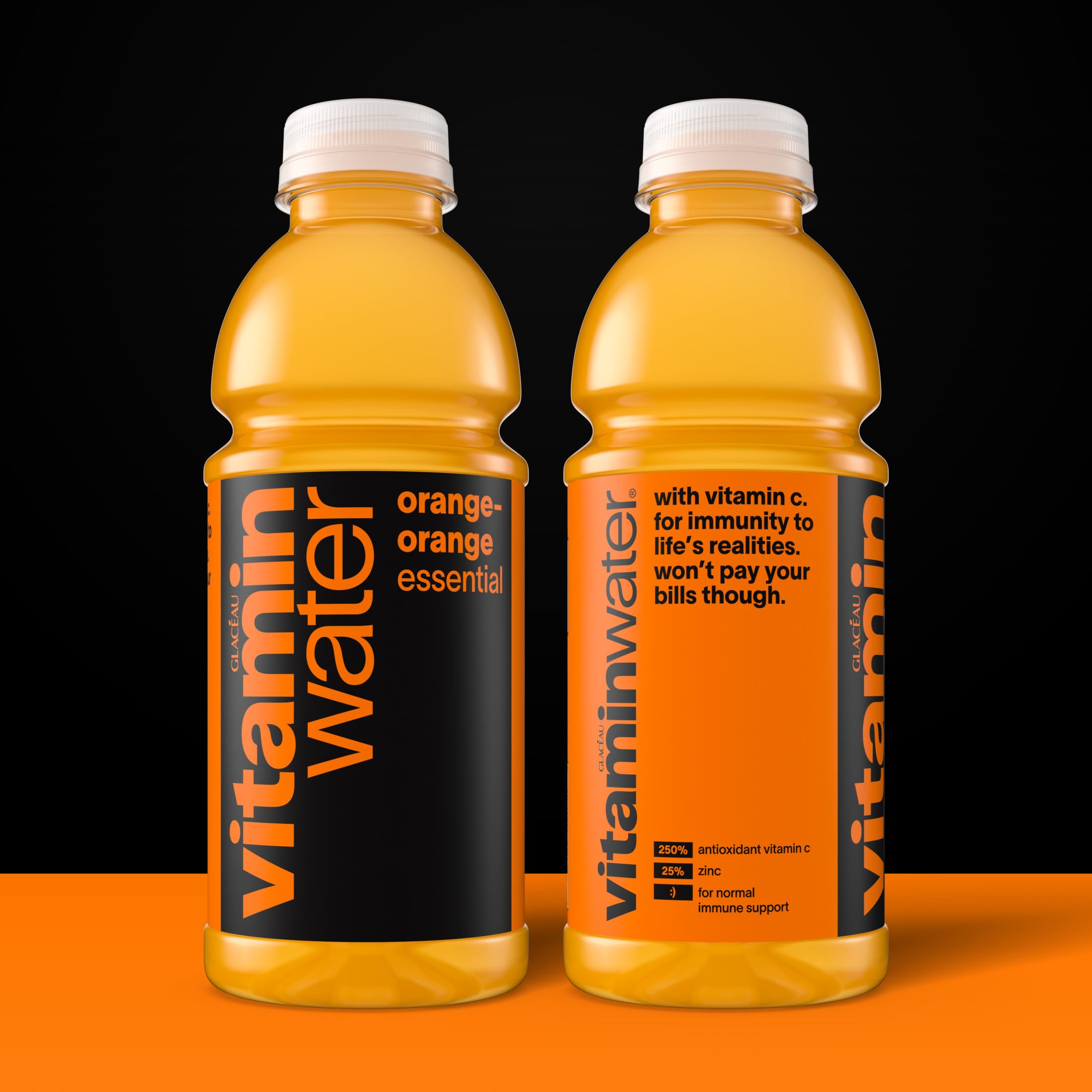 Side view of Vitaminwater Essential Orange-Orange bottle for on-the-go hydration.