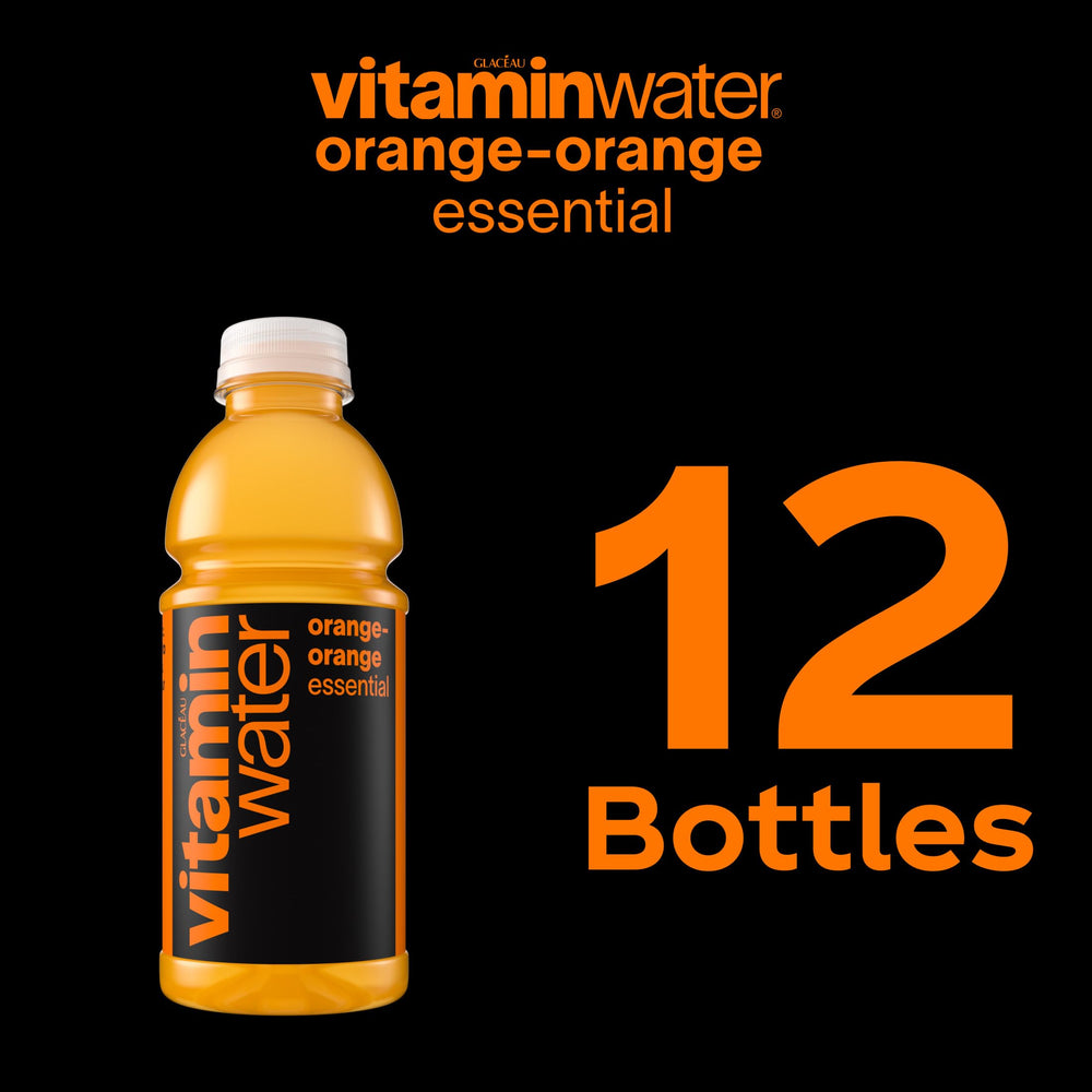 Six-pack of Vitaminwater Essential Orange-Orange ready for travel.