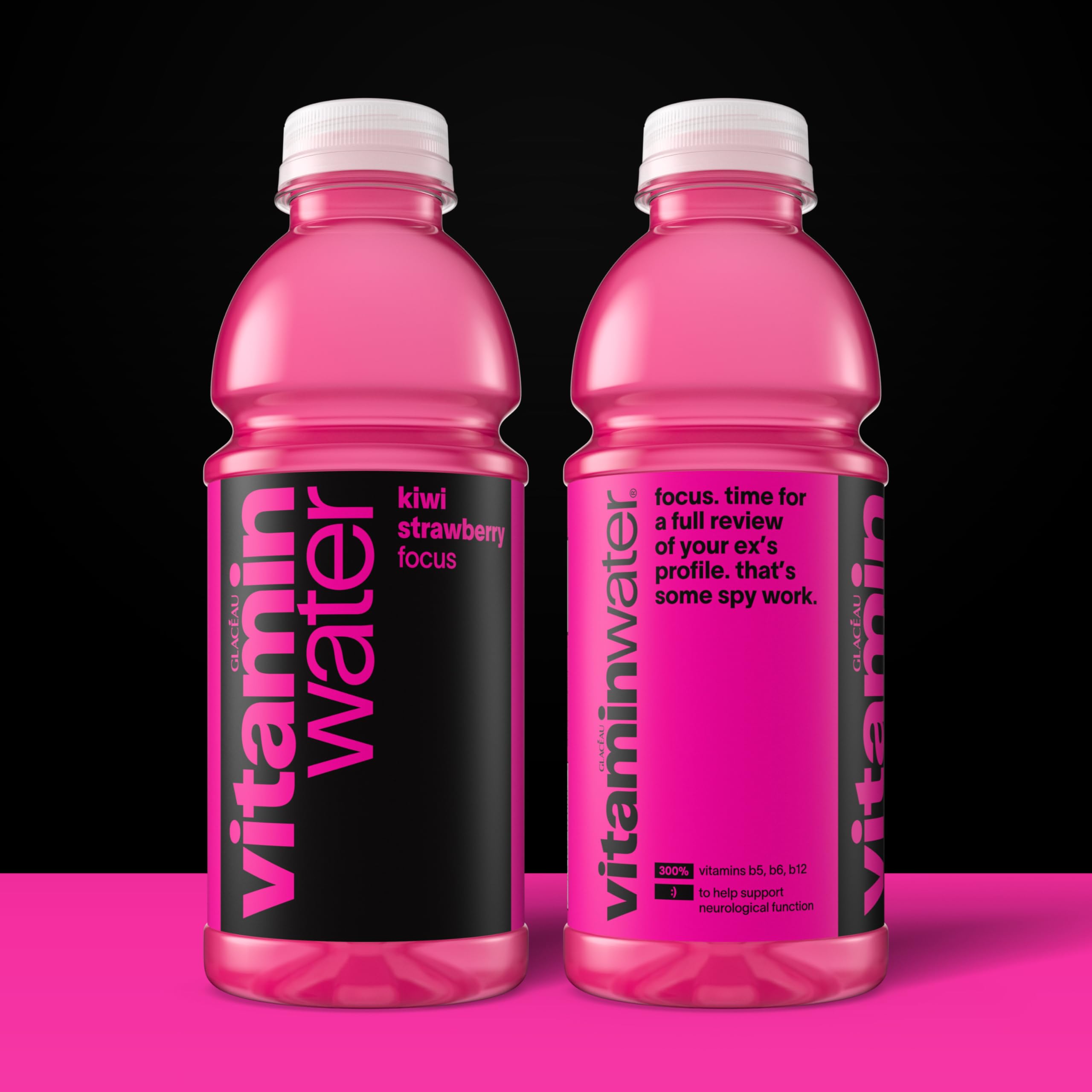 Vitaminwater Focus Kiwi Strawberry bottle-pour captures a crisp, energizing moment on the go
