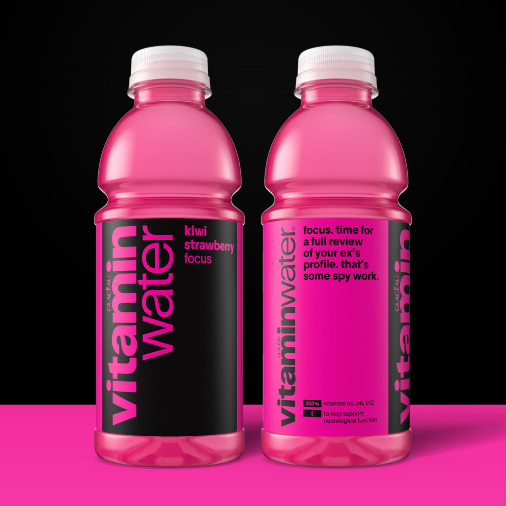Vitaminwater Focus Kiwi Strawberry bottle-pour captures a crisp, energizing moment on the go