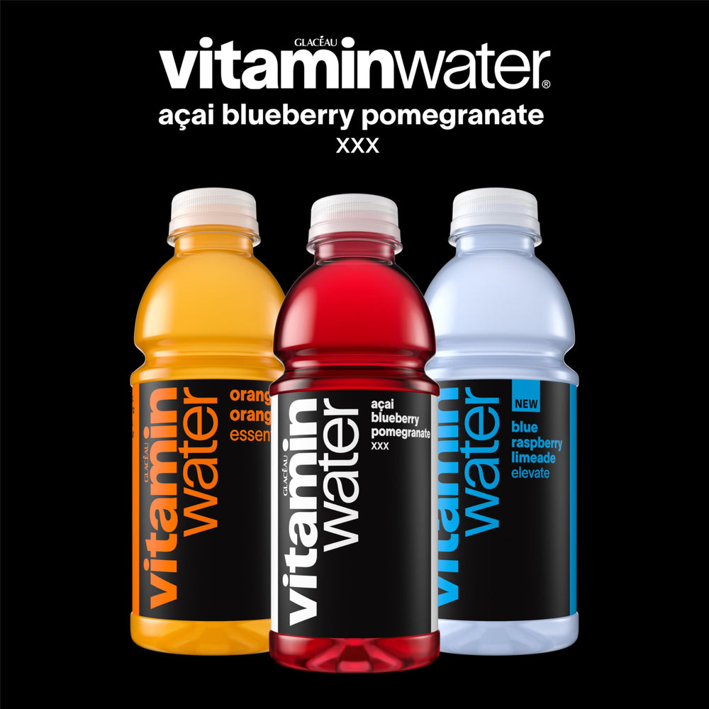 Vitaminwater label close-up highlights antioxidants and vitamins on the bottle.